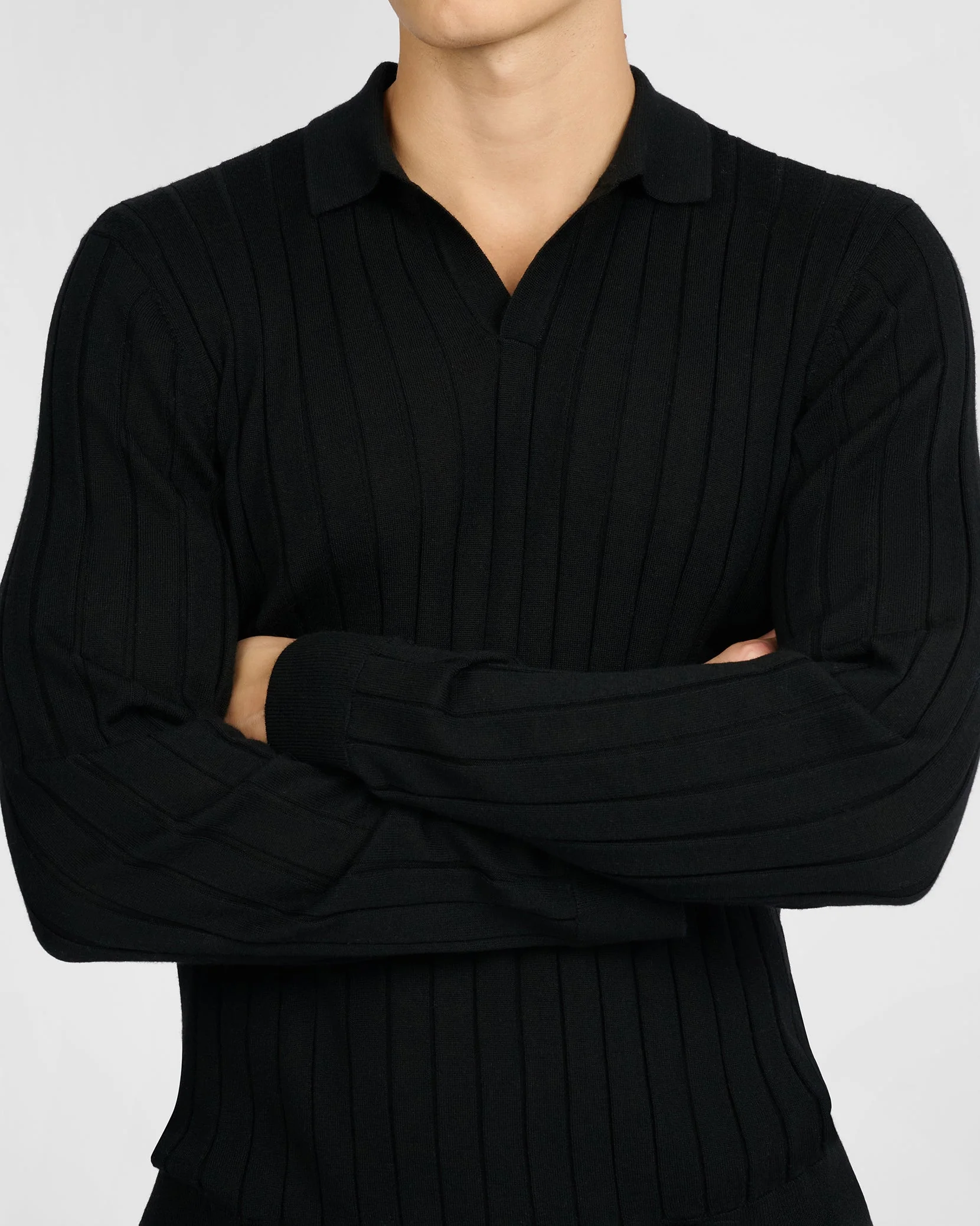 Mens | Extra Fine Merino Wool Long Sleeve Johnny Collar Polo | Black - Image 3