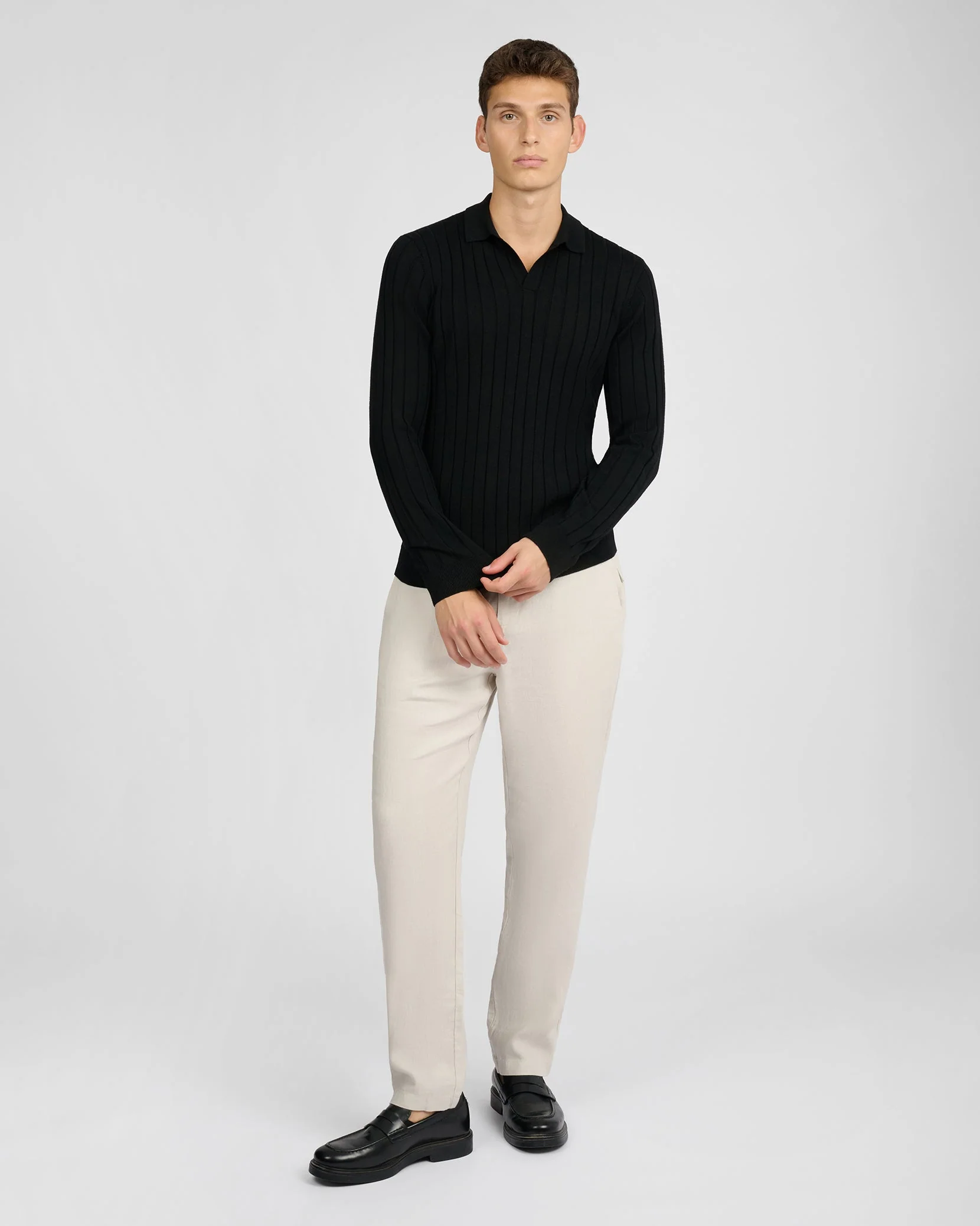 Mens | Extra Fine Merino Wool Long Sleeve Johnny Collar Polo | Black - Image 4