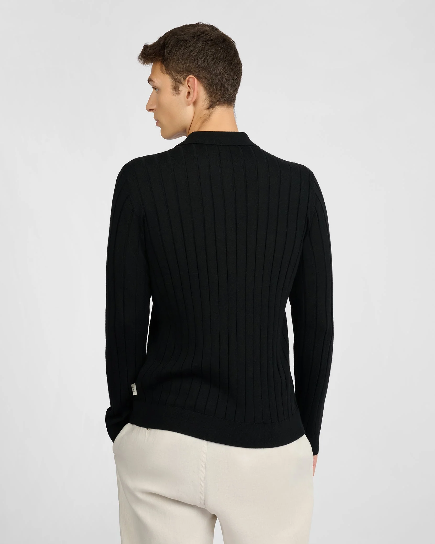 Mens | Extra Fine Merino Wool Long Sleeve Johnny Collar Polo | Black - Image 5