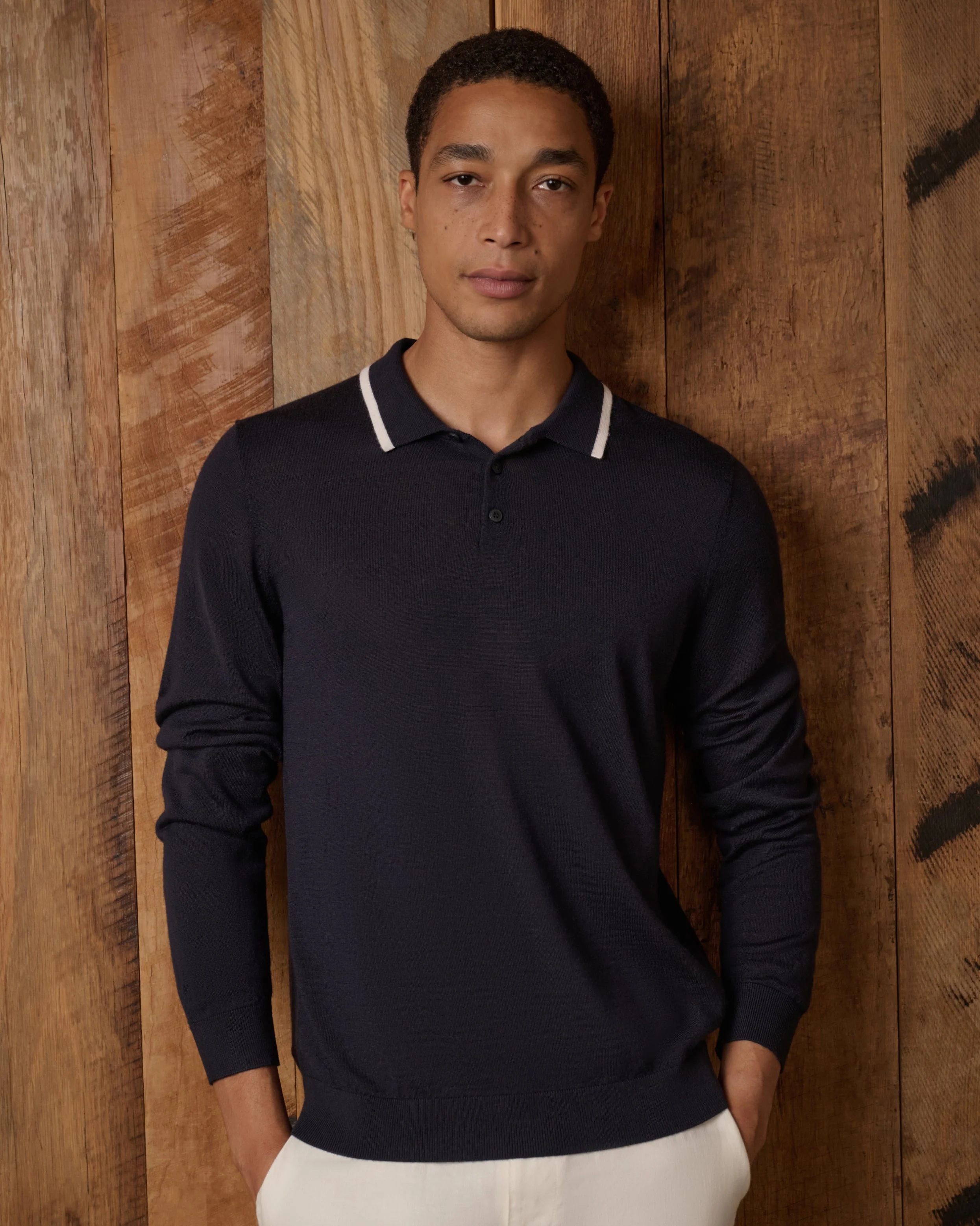 Mens | Extra Fine Merino Wool Long Sleeve Polo | Midnight/White - Image 2