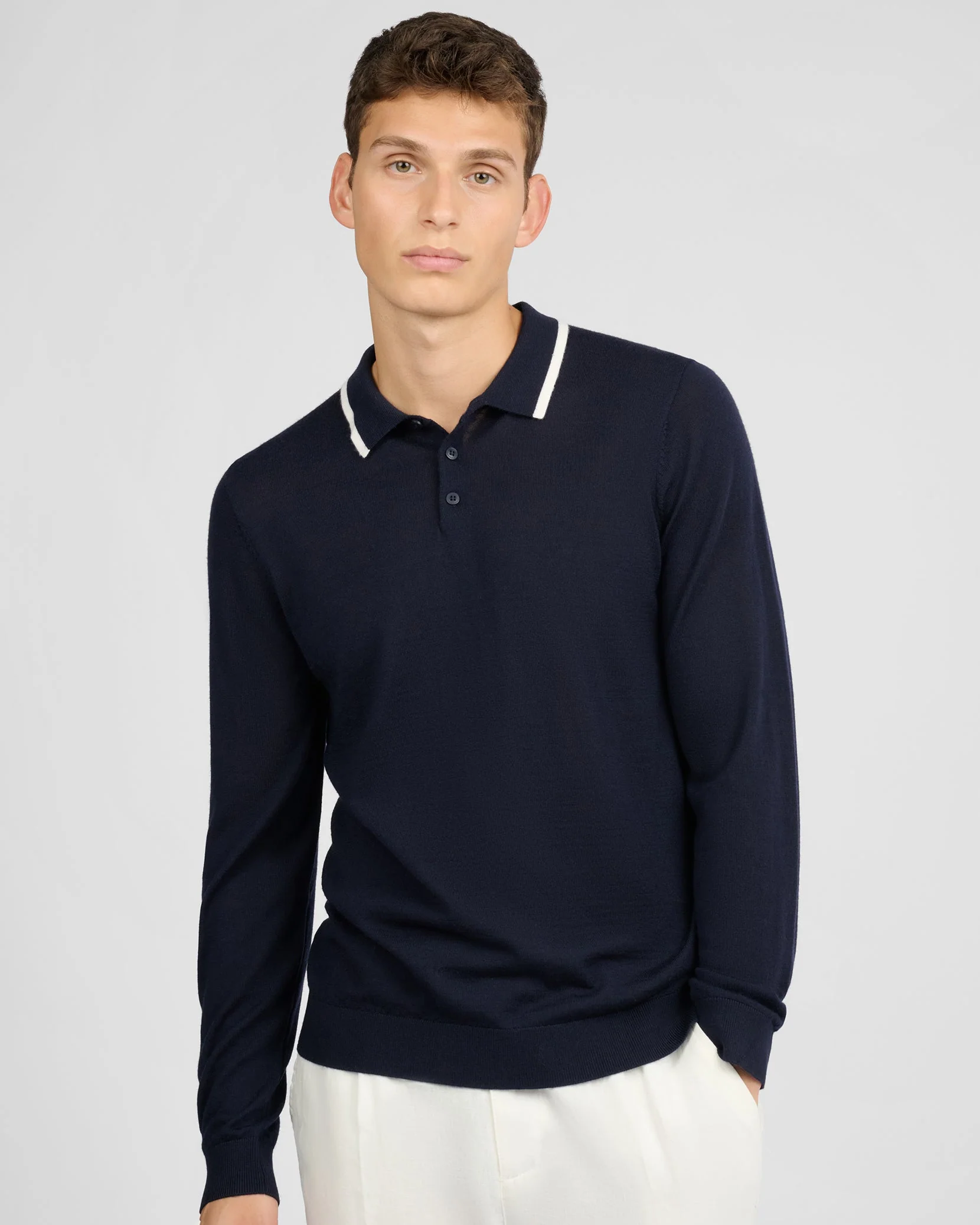 Mens | Extra Fine Merino Wool Long Sleeve Polo | Midnight/White - Image 3