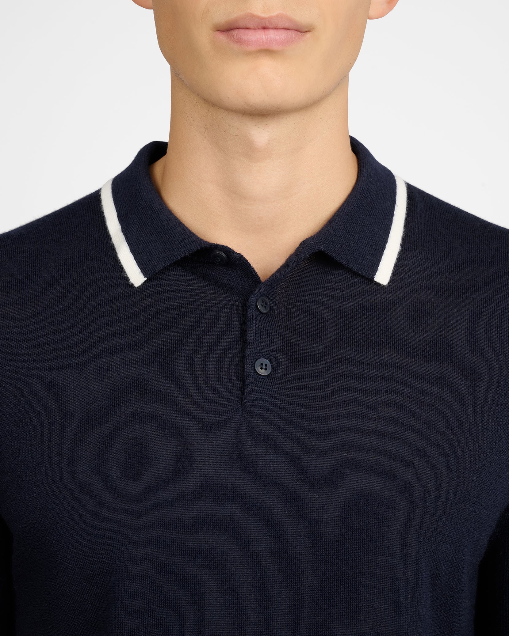 Mens | Extra Fine Merino Wool Long Sleeve Polo | Midnight/White - Image 4