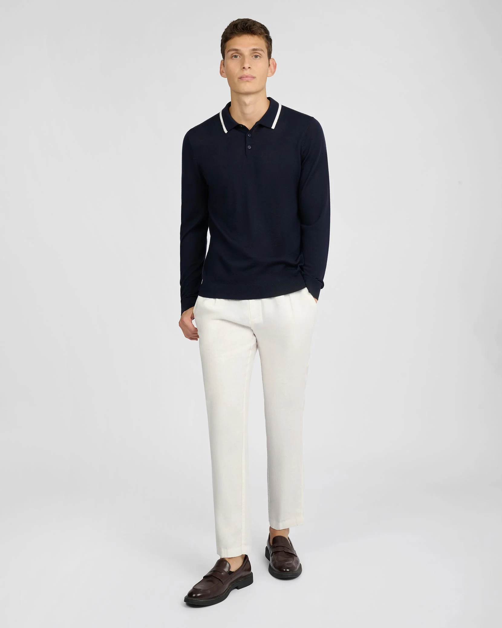 Mens | Extra Fine Merino Wool Long Sleeve Polo | Midnight/White - Image 5
