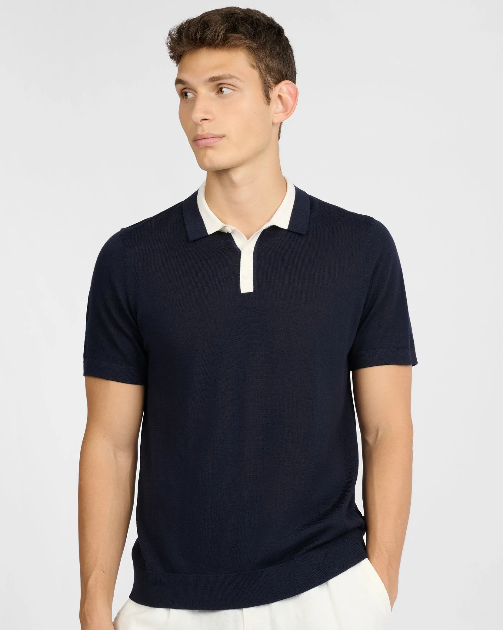 Mens | Extra Fine Merino Wool Polo | Midnight/White - Image 2