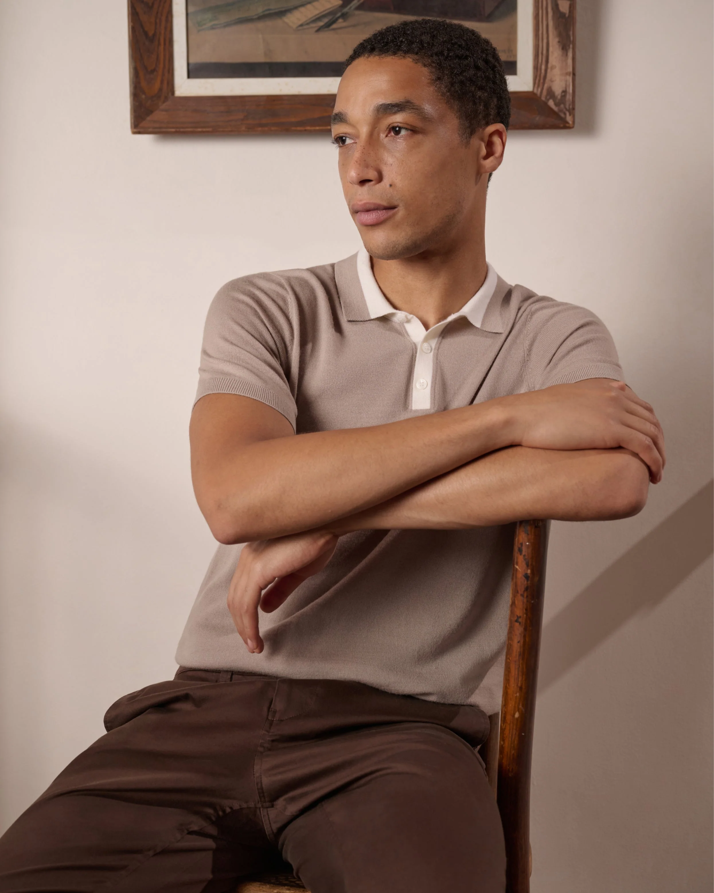 Mens | Extra Fine Merino Wool Polo | Oxford Tan/White - Image 2