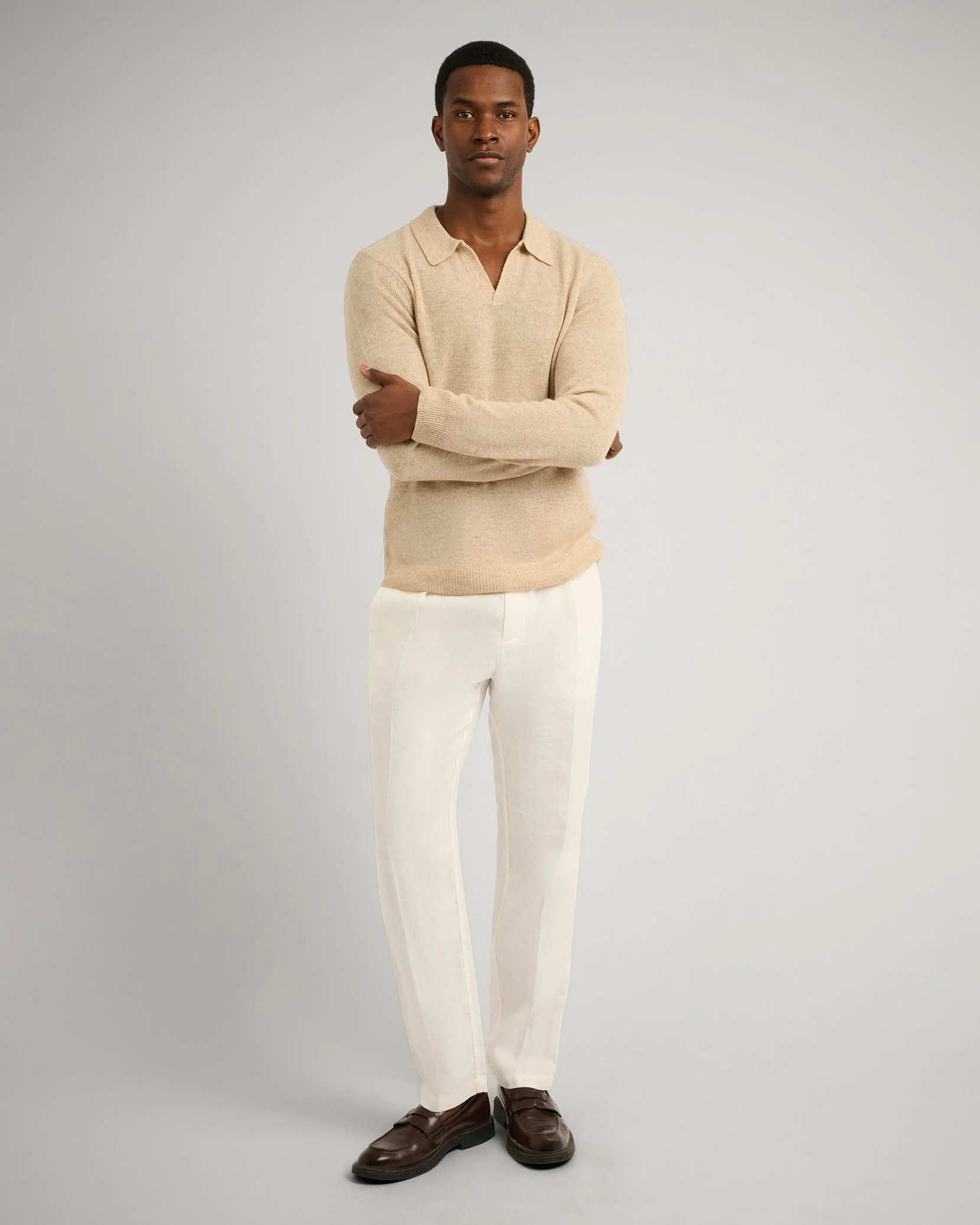 Mens | Featherweight Cashmere Sweater Polo | Stone - Image 4