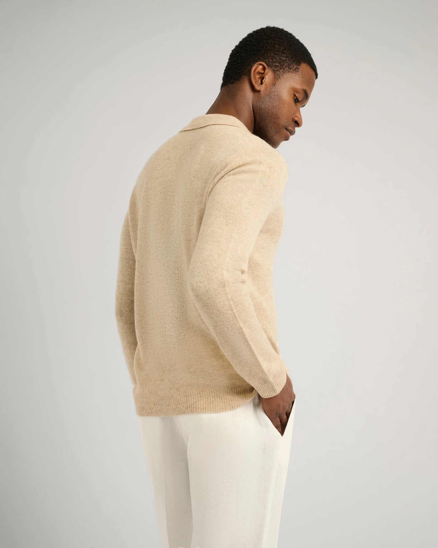 Mens | Featherweight Cashmere Sweater Polo | Stone - Image 5