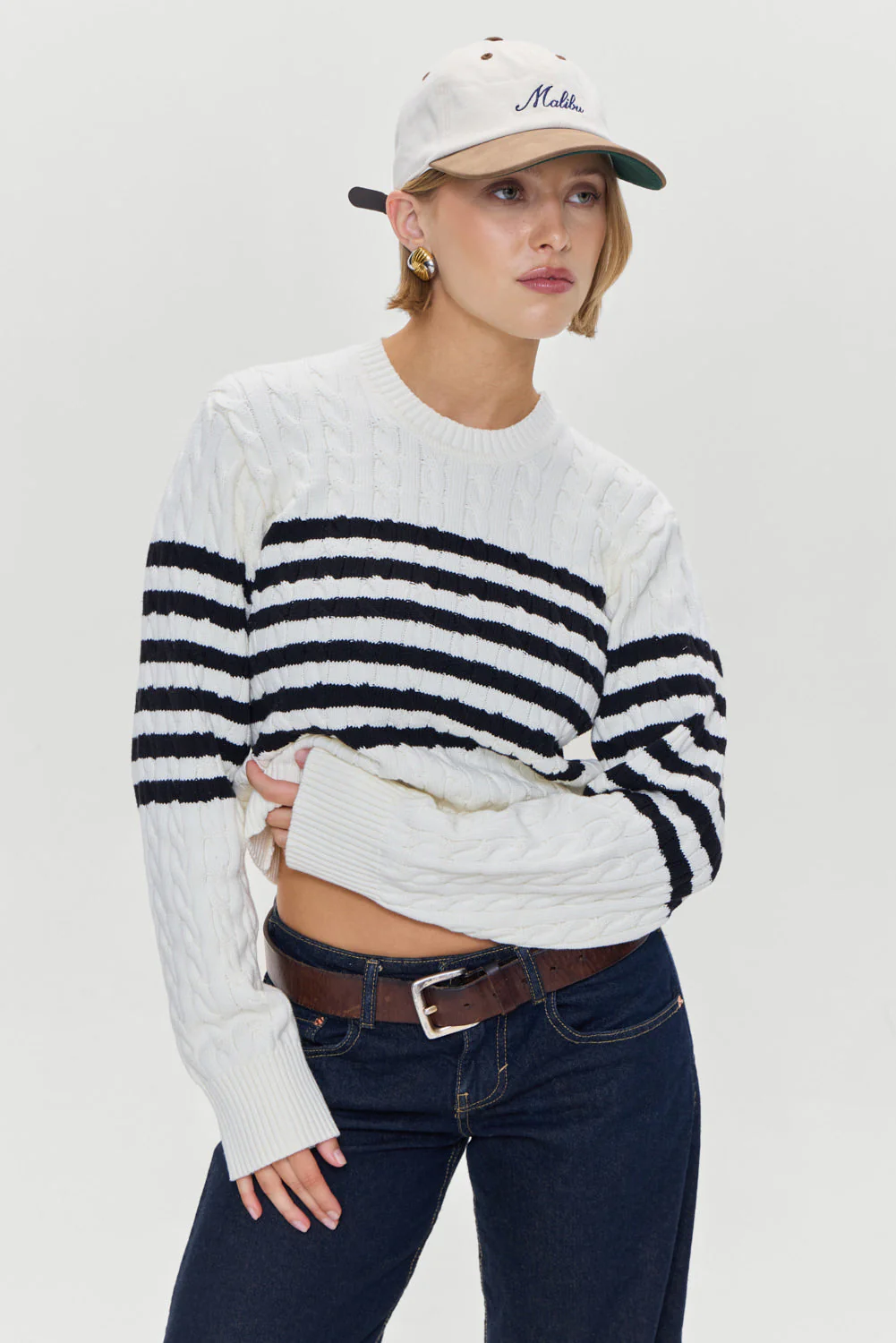 Varsity Striped Cable Knit Sweater | Ivory - Image 2