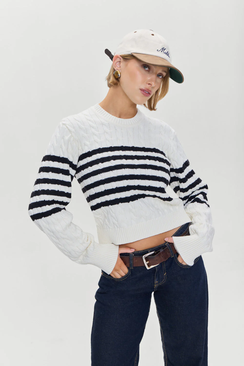 Varsity Striped Cable Knit Sweater | Ivory - Image 6