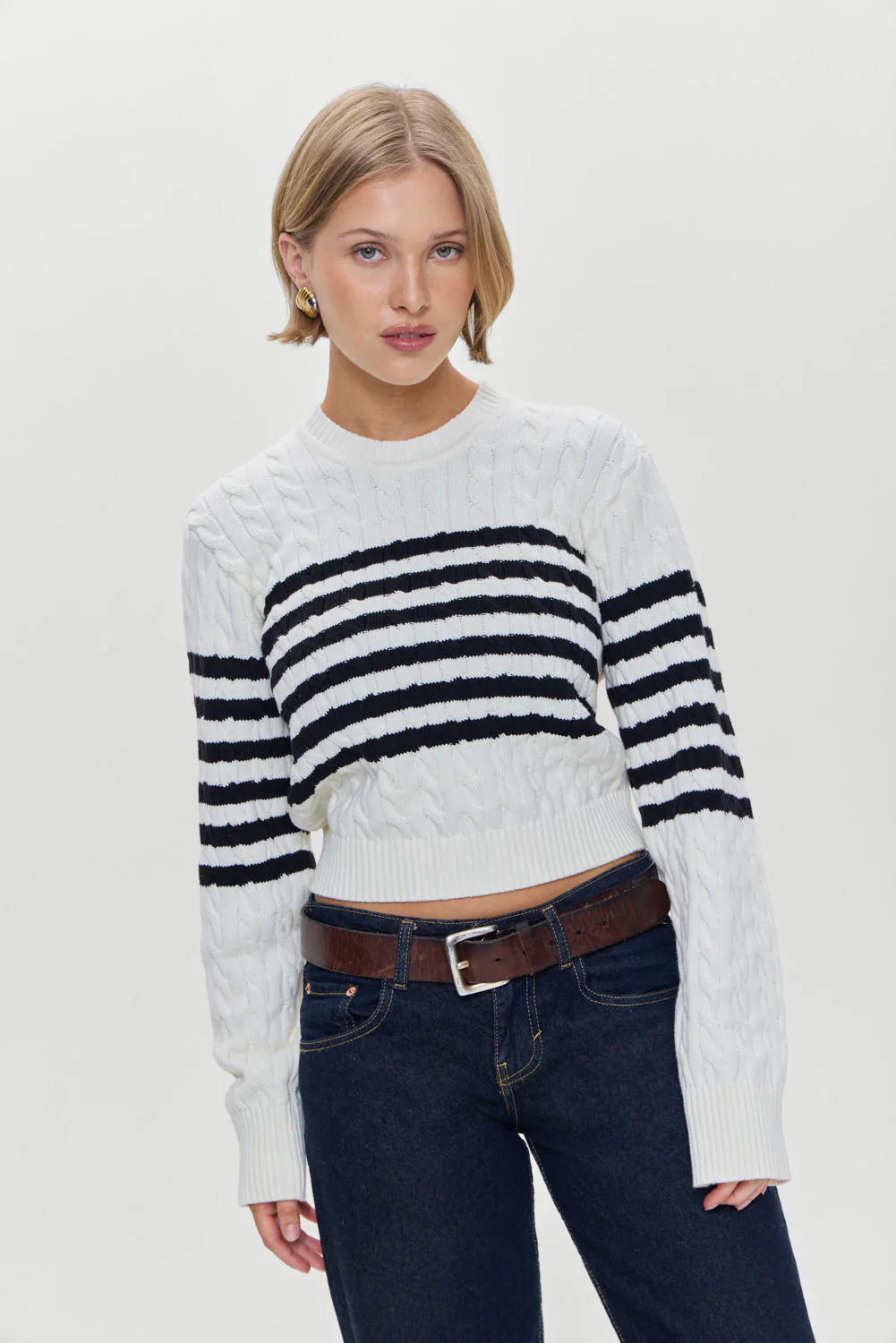Varsity Striped Cable Knit Sweater | Ivory - Image 8