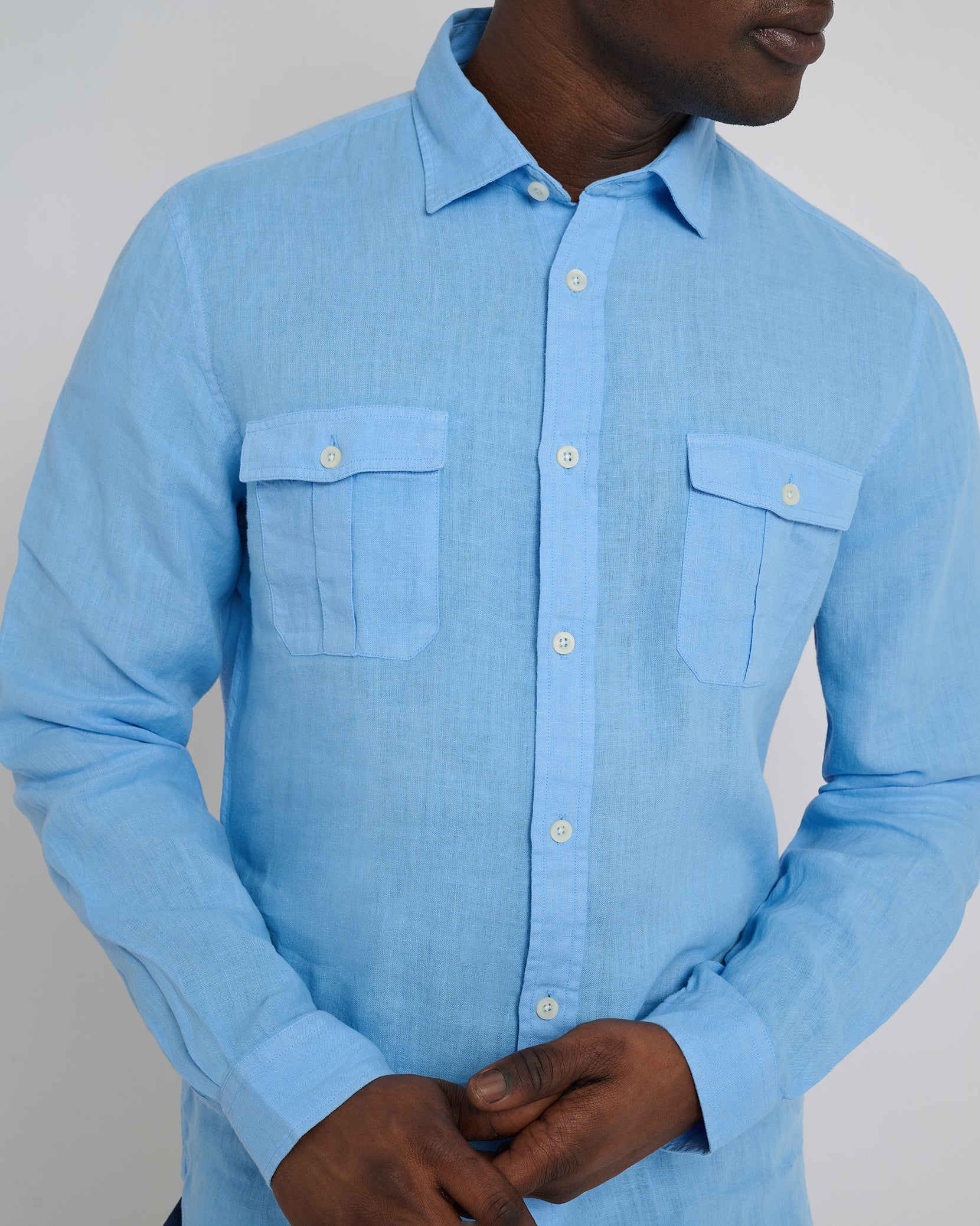 Mens | Garment Dye Linen Standard Fit Shirt | Light Blue - Image 2