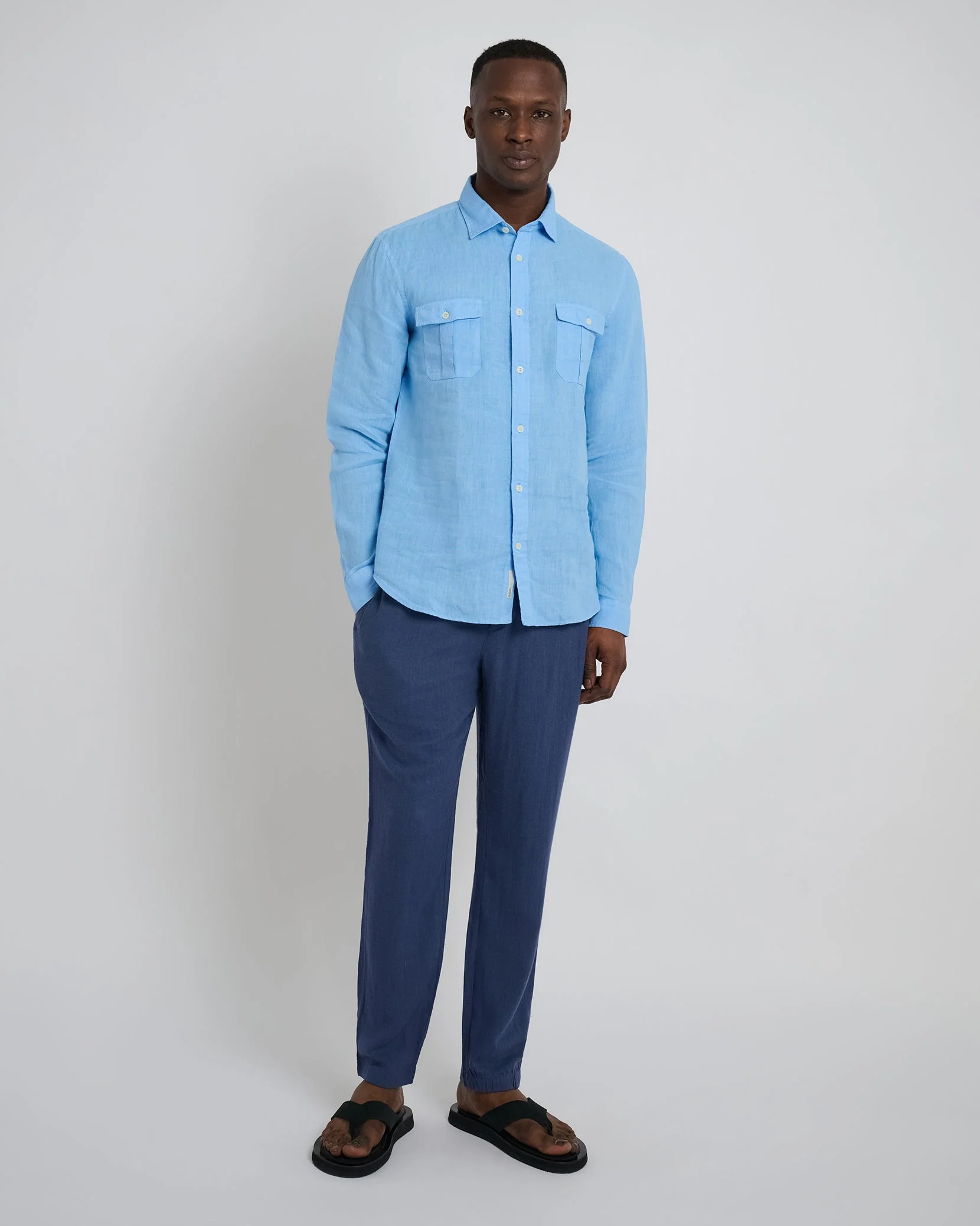 Mens | Garment Dye Linen Standard Fit Shirt | Light Blue - Image 4