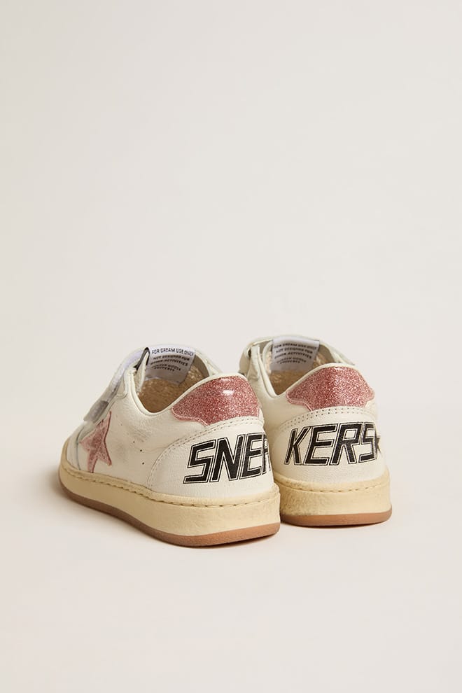 Kids | Ball Star Junior Nappa with Peach-Pink Glitter Star & Heel Tab | White x Peach - Image 5