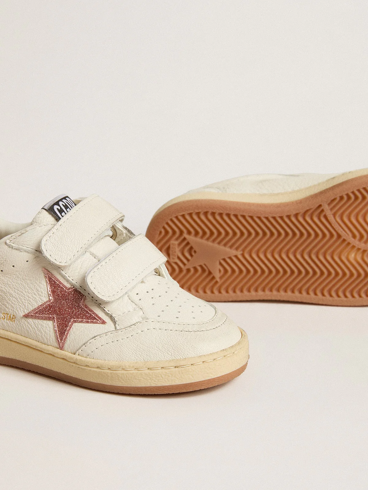 Kids | Ball Star Junior Nappa with Peach-Pink Glitter Star & Heel Tab | White x Peach - Image 6