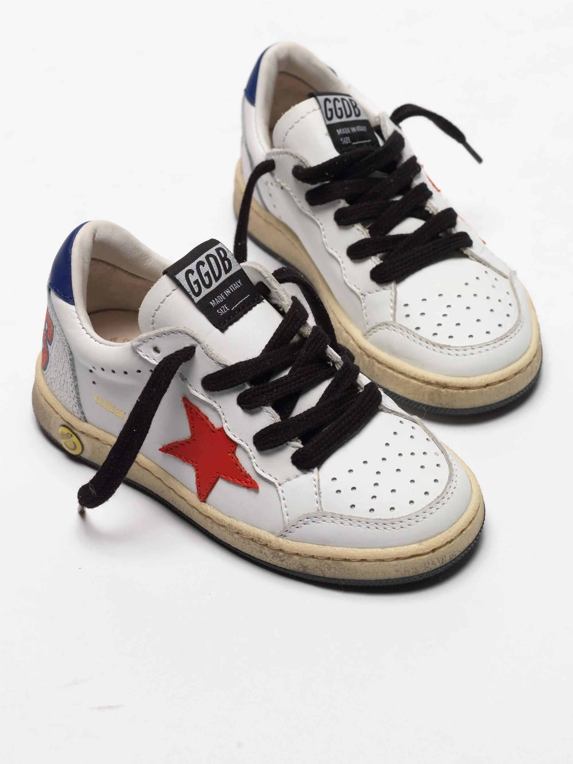 Kids | Ball Star Sneakers White Leather with Red Star & Blue Heel Tab - Image 2