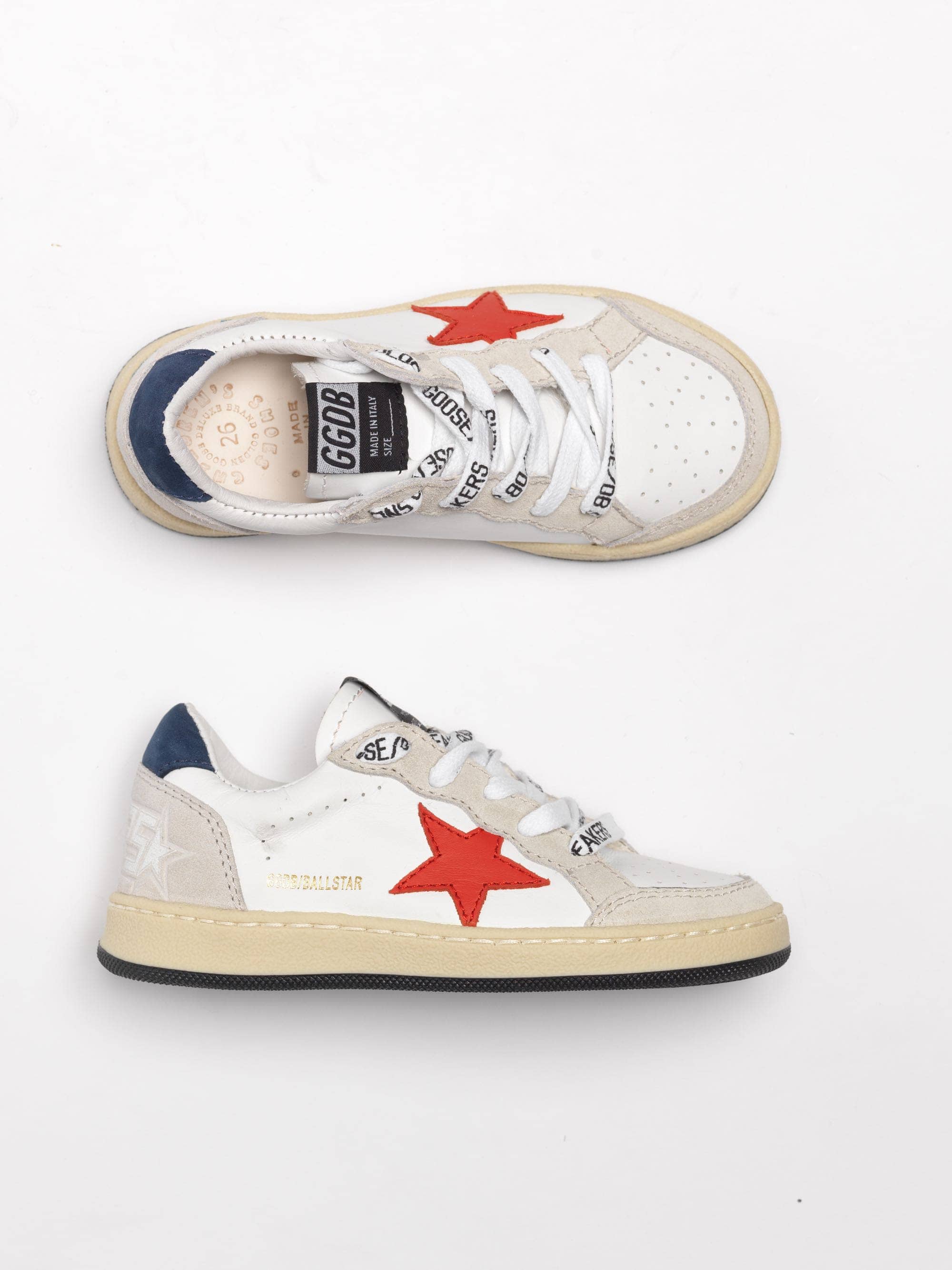 Kids | Ball Star Sneakers White Nappa Leather with Red Star & Blue Heel Tab - Image 4