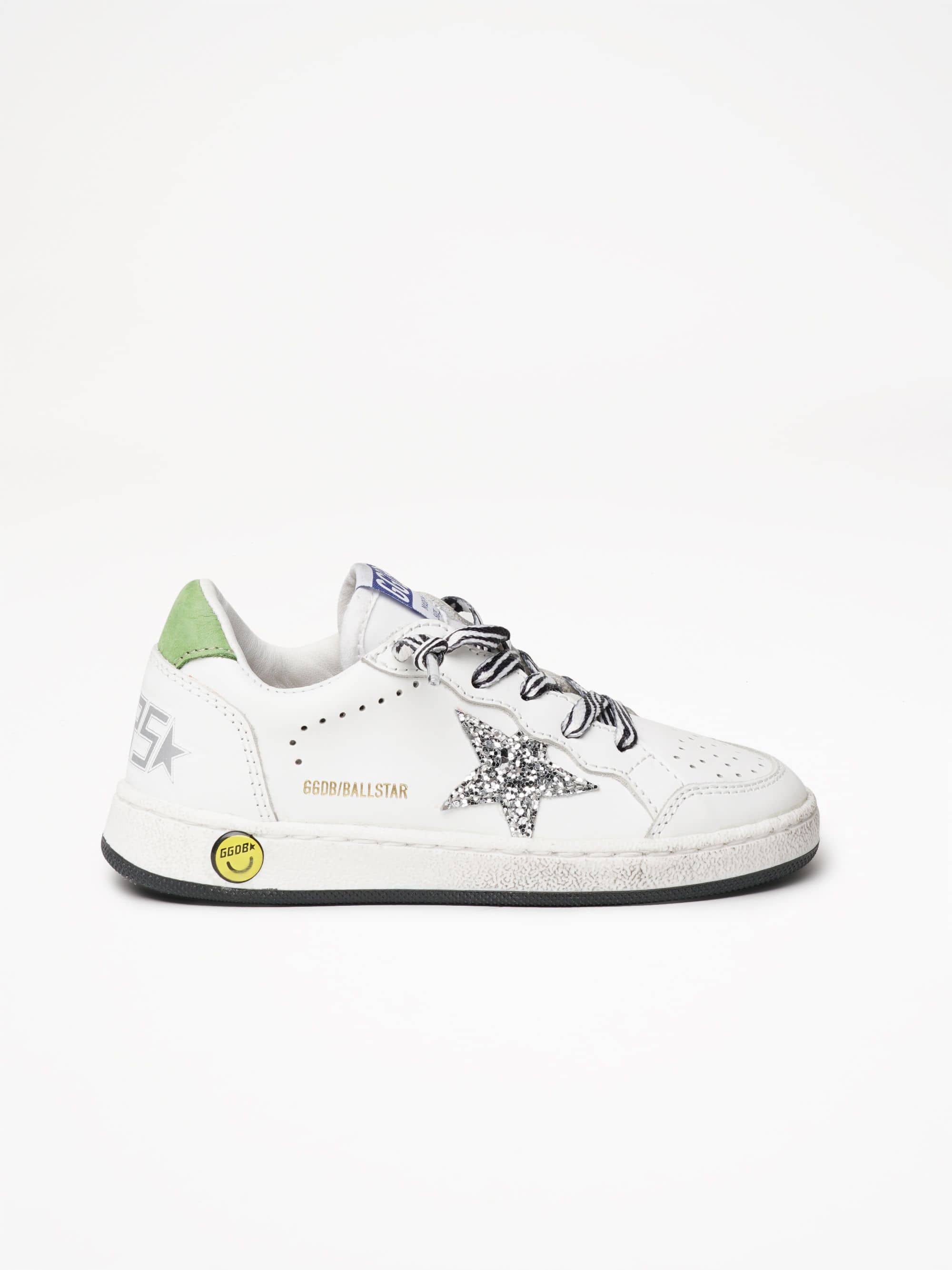 Kids | Ball Star Sneakers with Zebra-Print Laces & Star with Silver Glitter | White x Silver x Green - Image 6