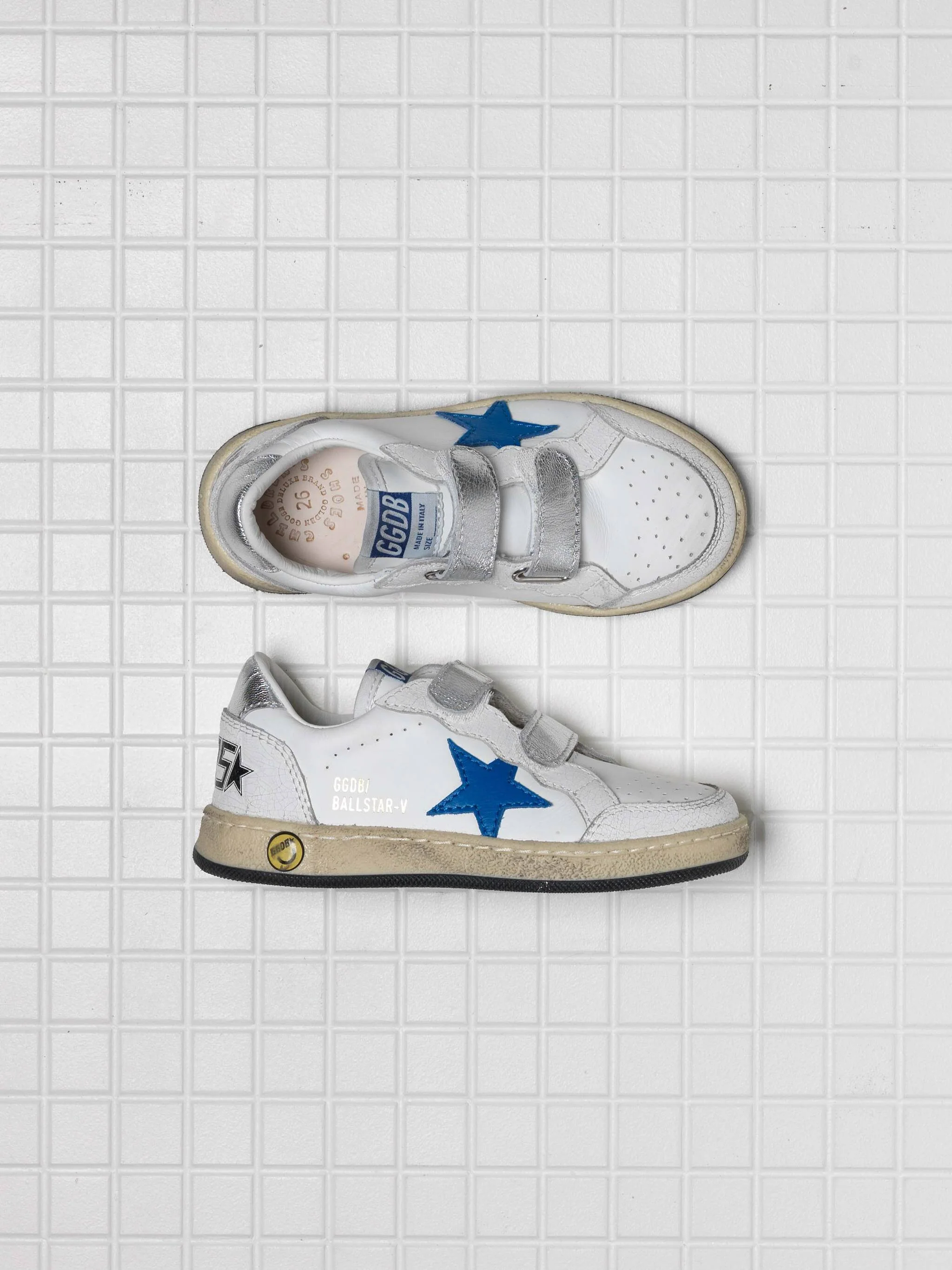 Kids | Ball Star Young Sneakers White Nappa Leather with Blue Leather Star & Silver Heel Tab - Image 2