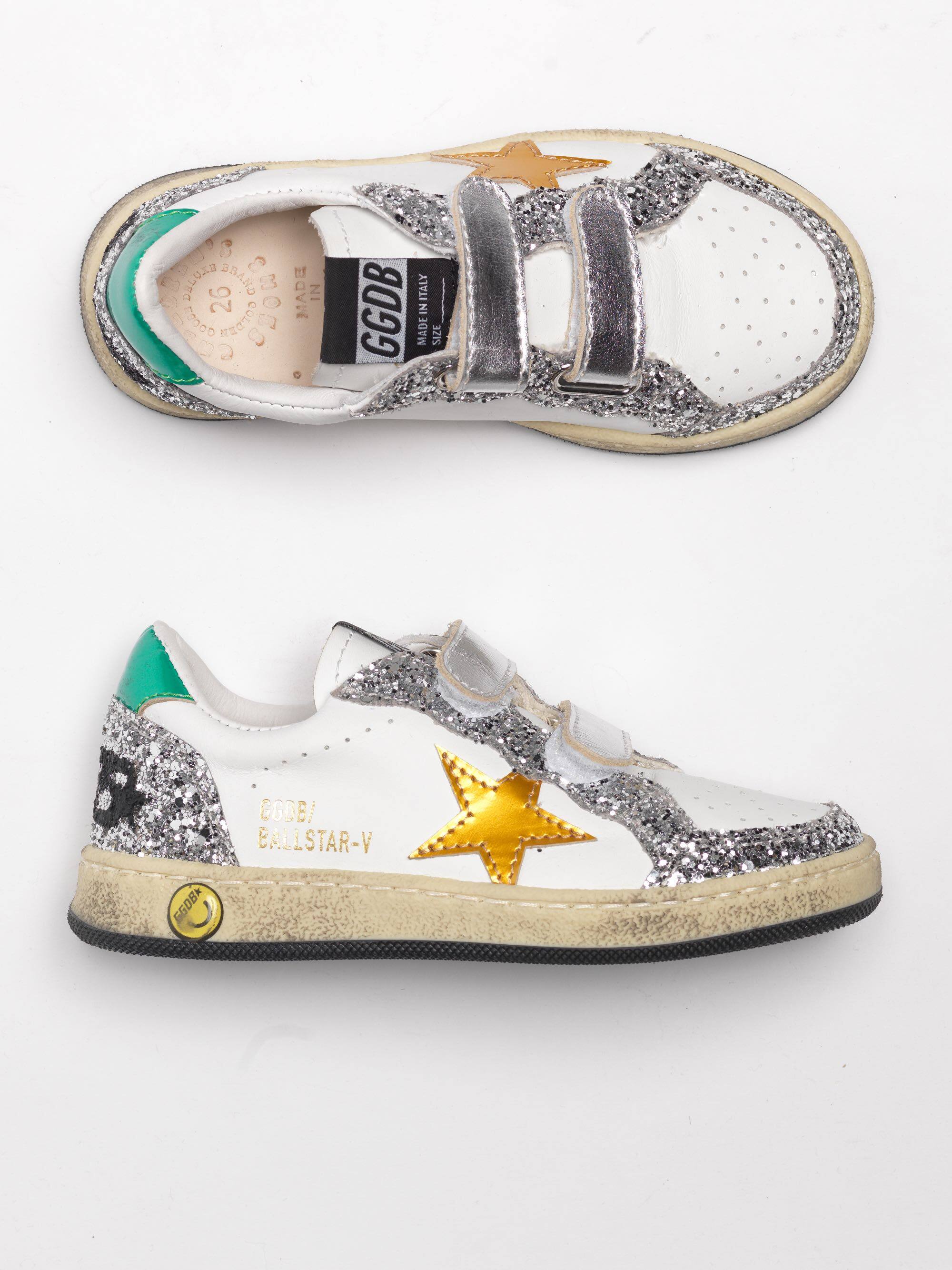 Kids | Ball Star Young Sneakers White Nappa Leather with Yellow Star & Silver Glitter Heel Tab - Image 2