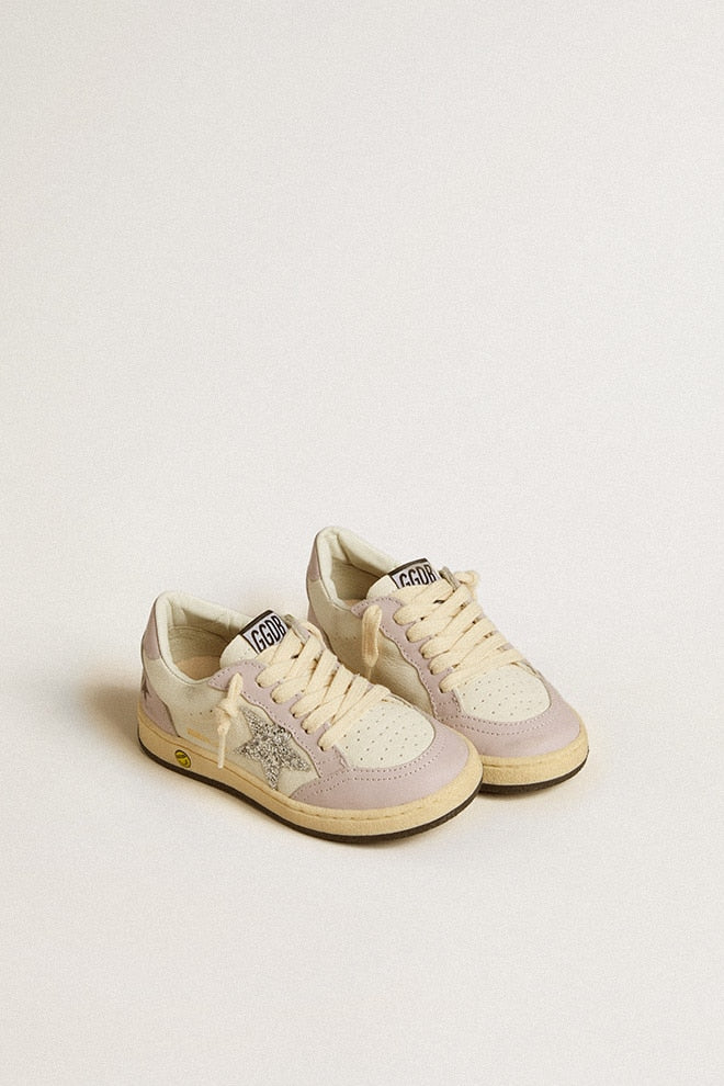 Kids | Ball Star Young White & Lilac Nappa with Leather Toe & Heel & Silver Glitter Star | White x Lilac x Silver - Image 4