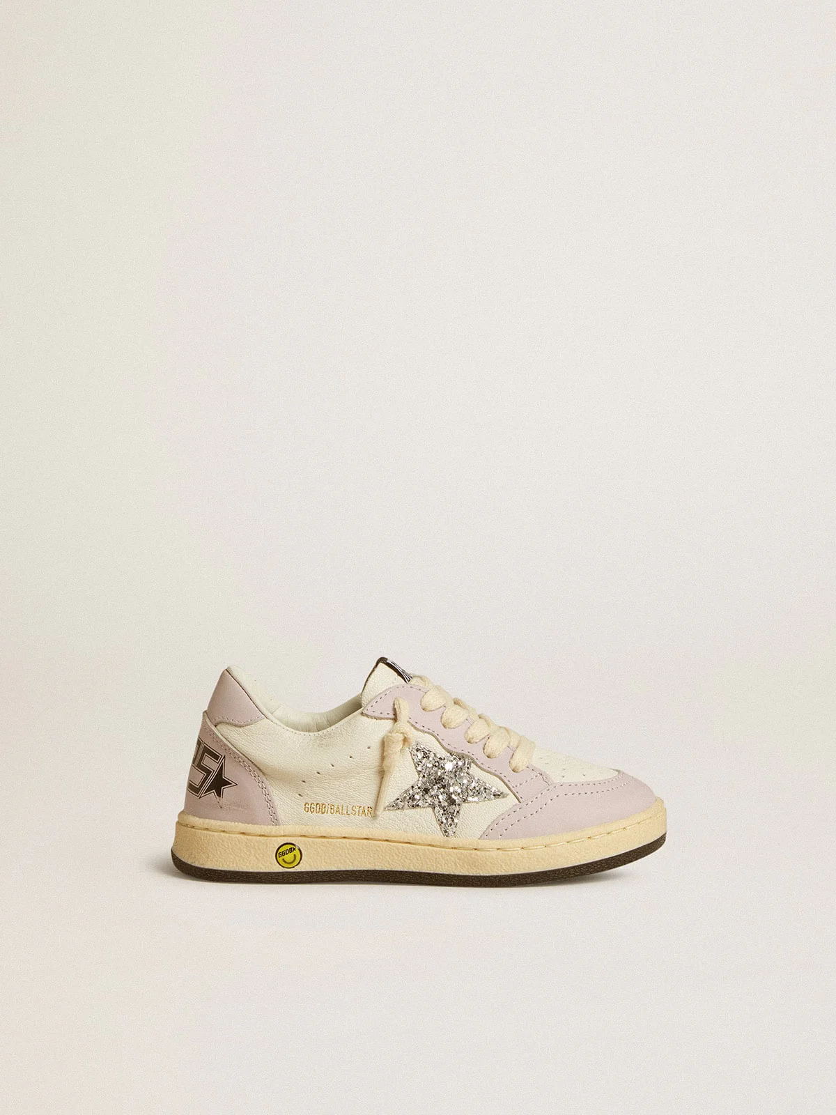 Kids | Ball Star Young White & Lilac Nappa with Leather Toe & Heel & Silver Glitter Star | White x Lilac x Silver - Image 7