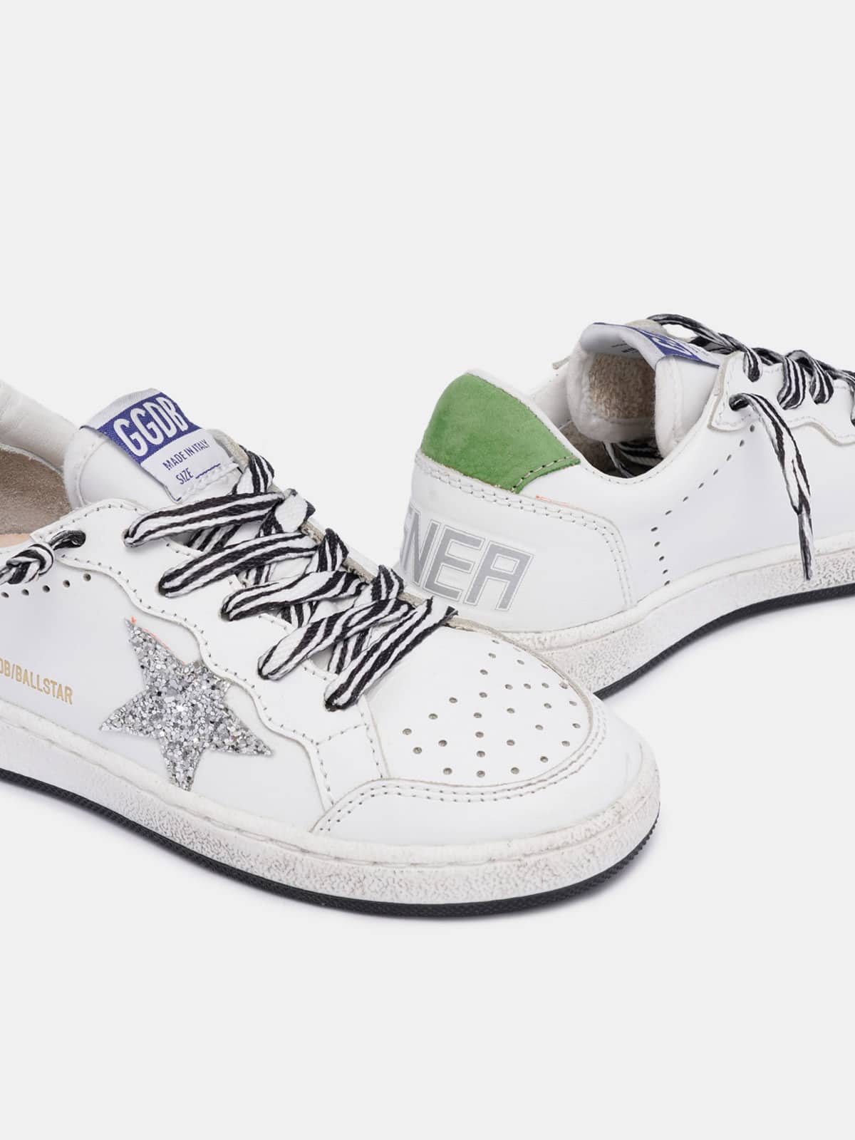 Kids | Ballstar Leather Upper Glitter Star Nylon Tongue | White x Silver x Green - Image 2