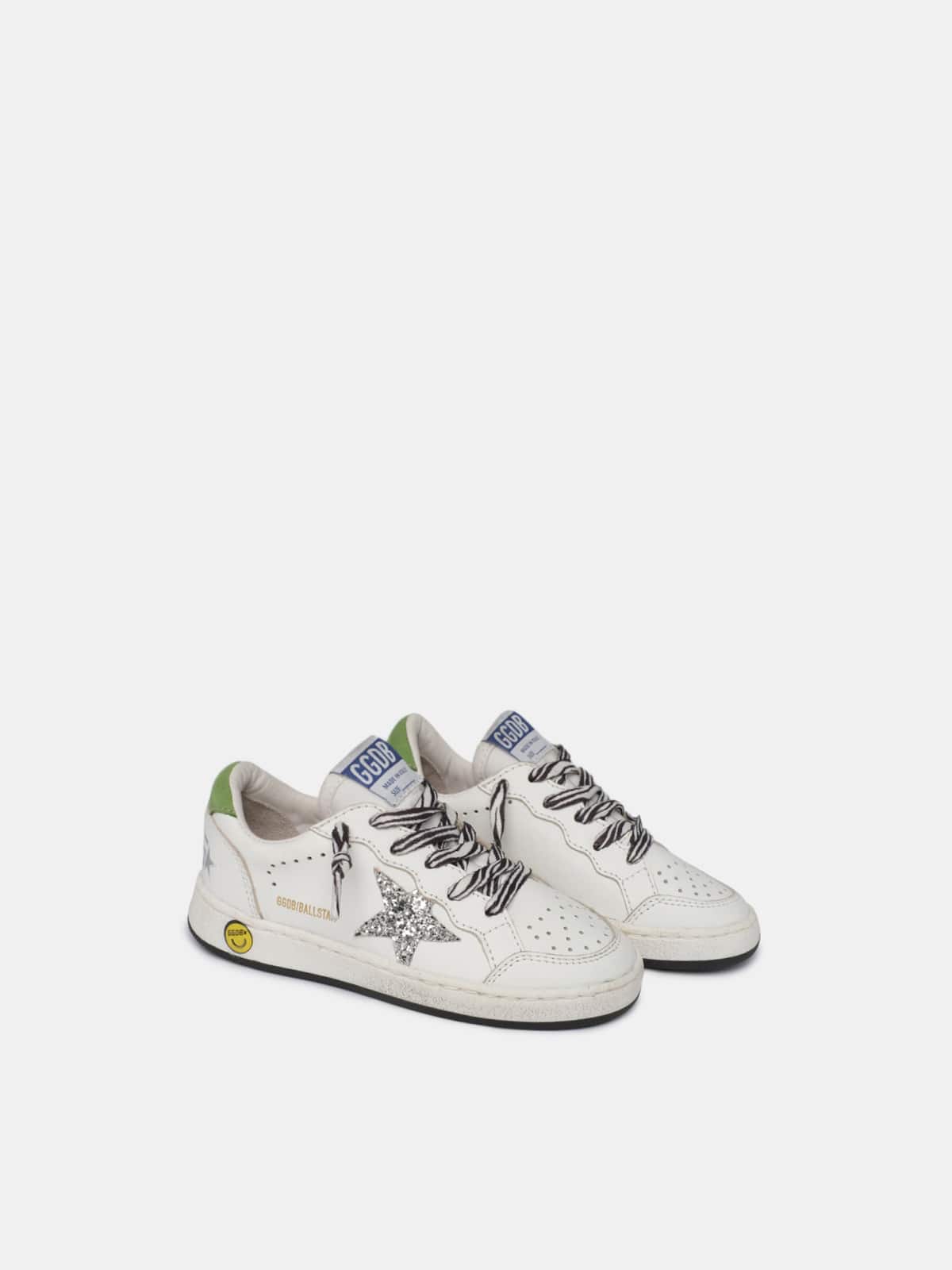 Kids | Ballstar Leather Upper Glitter Star Nylon Tongue | White x Silver x Green - Image 7