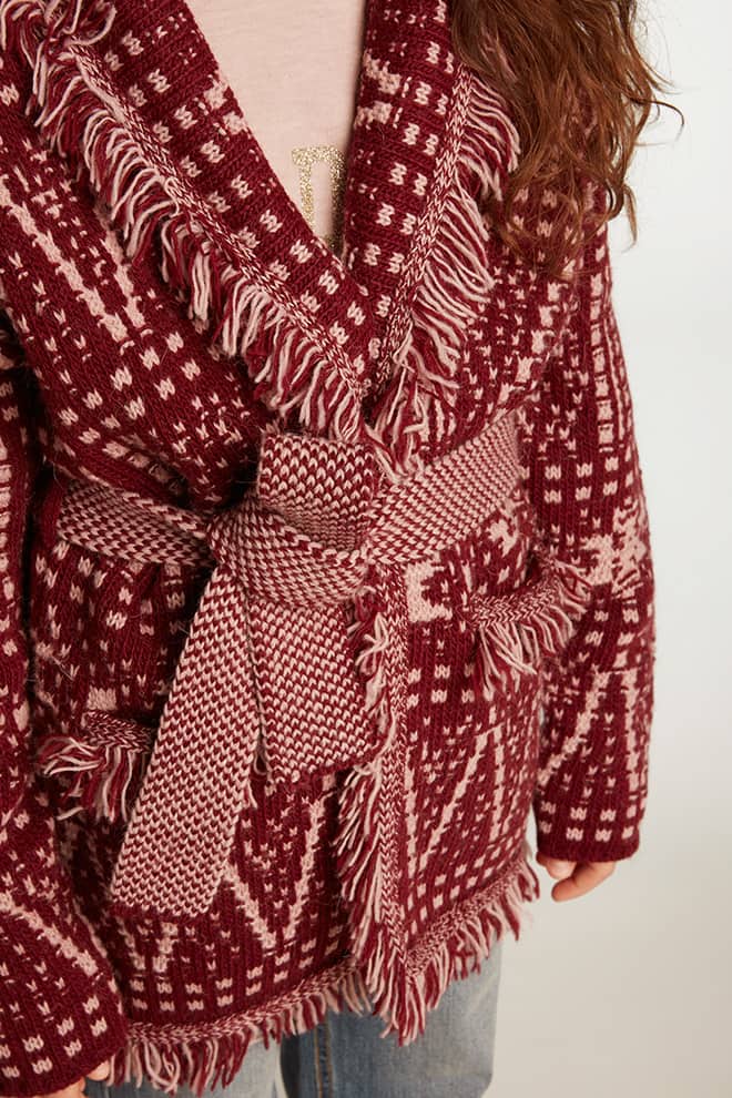 Kids | Belted Cardigan with Burgundy Fair Isle Motif | Windsor Wine x Shadow Grey - Image 5