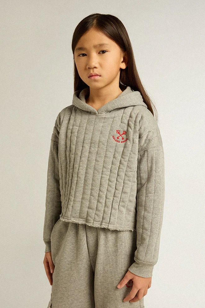 Kids | Cropped Sweatshirt Gray Melange with A Hood & Embroidery On The Front | Grey Melange - Image 3
