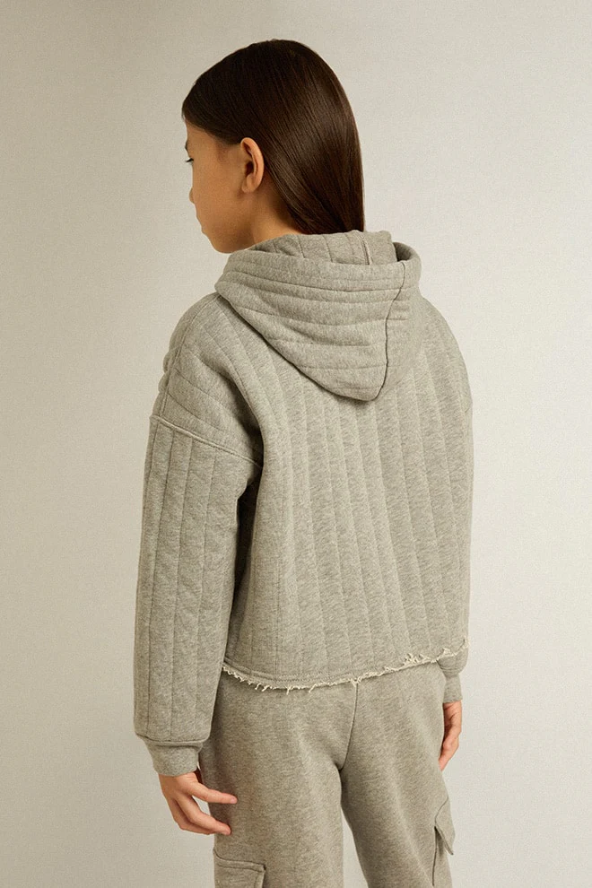 Kids | Cropped Sweatshirt Gray Melange with A Hood & Embroidery On The Front | Grey Melange - Image 8