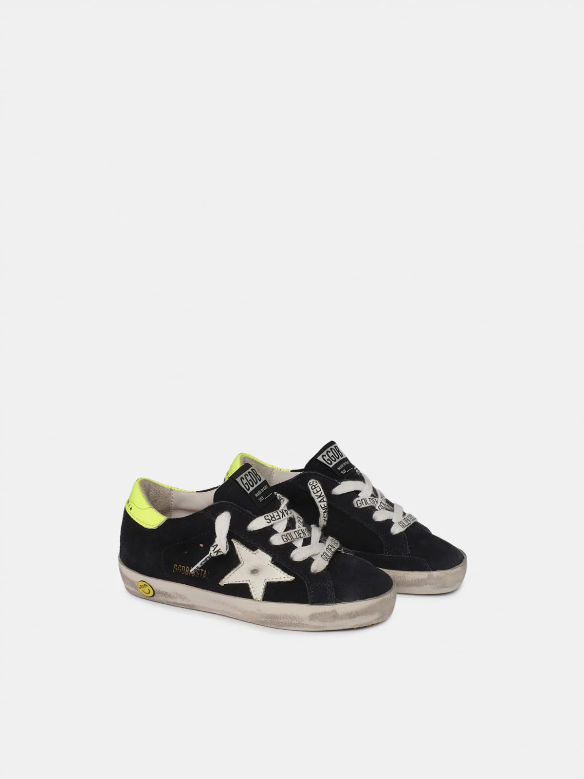 Kids | Dark Blue Suede Super-Star Sneakers with Yellow Heel Tab | Night Blue x White x Yellow Fluo (V1) - Image 3