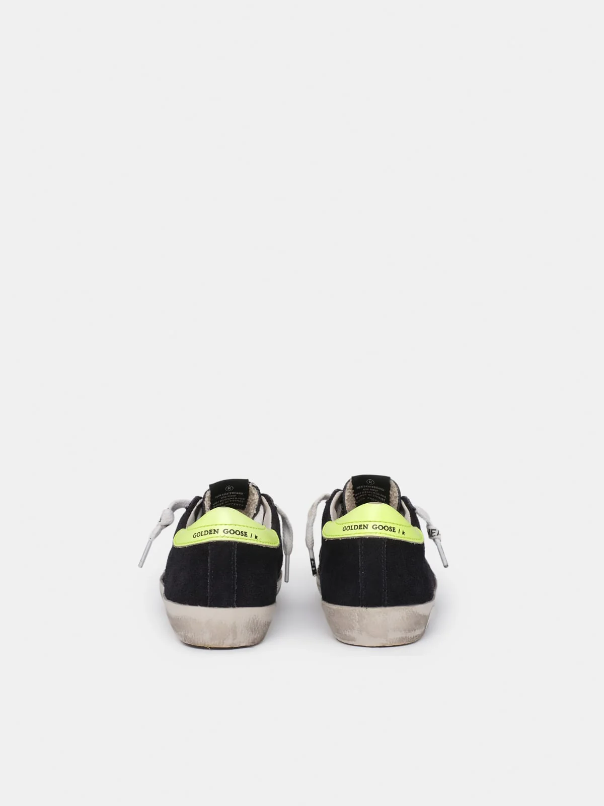 Kids | Dark Blue Suede Super-Star Sneakers with Yellow Heel Tab | Night Blue x White x Yellow Fluo (V1) - Image 6
