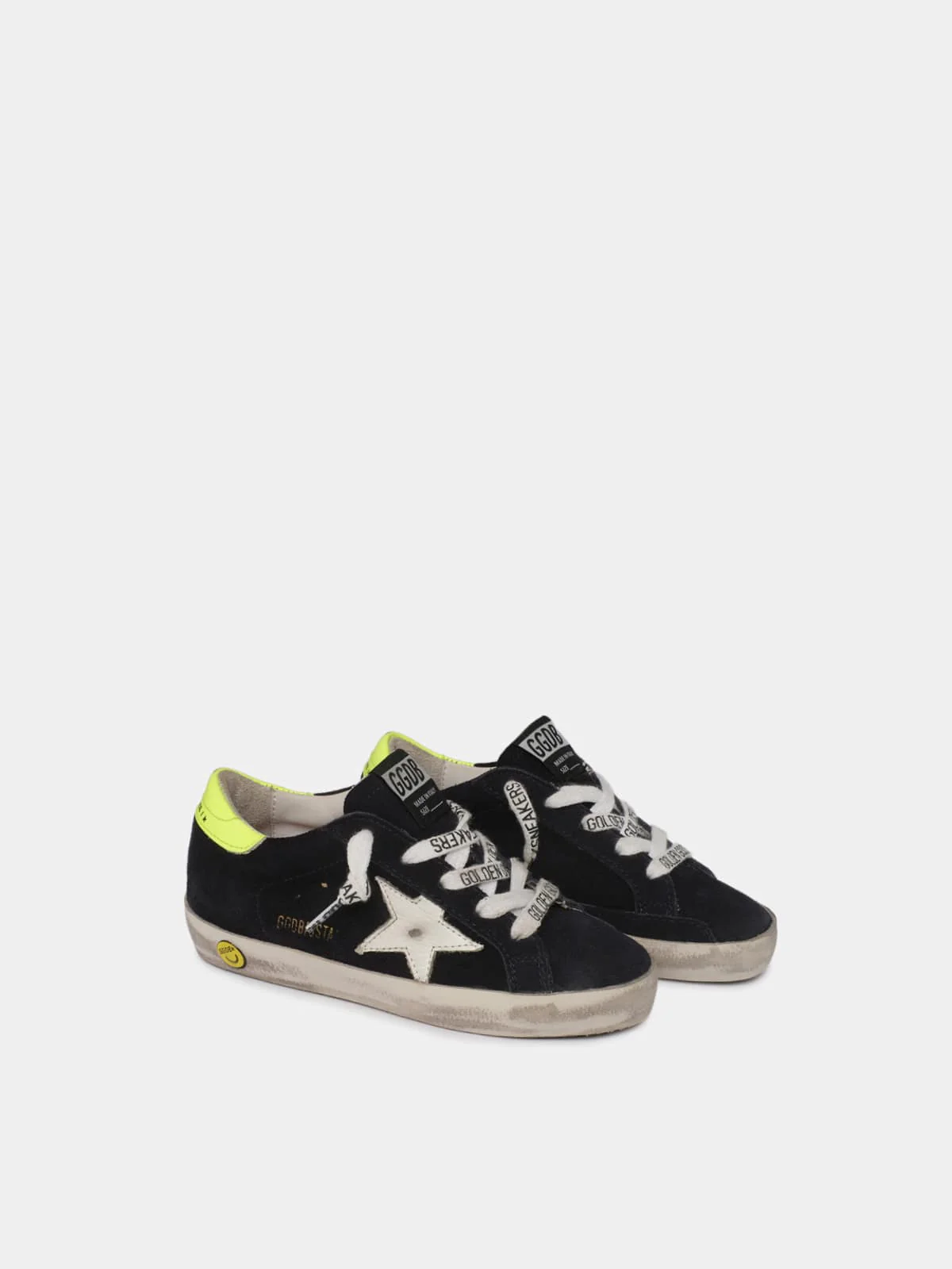 Kids | Dark Blue Suede Super-Star Sneakers with Yellow Heel Tab | Night Blue x White x Yellow Fluo (V2) - Image 4