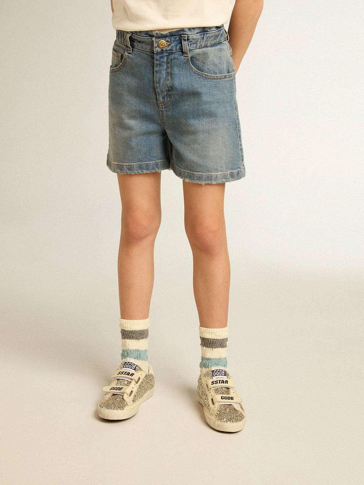 Kids | Denim Shorts with Distressed Finish | Medium Blue - Image 3