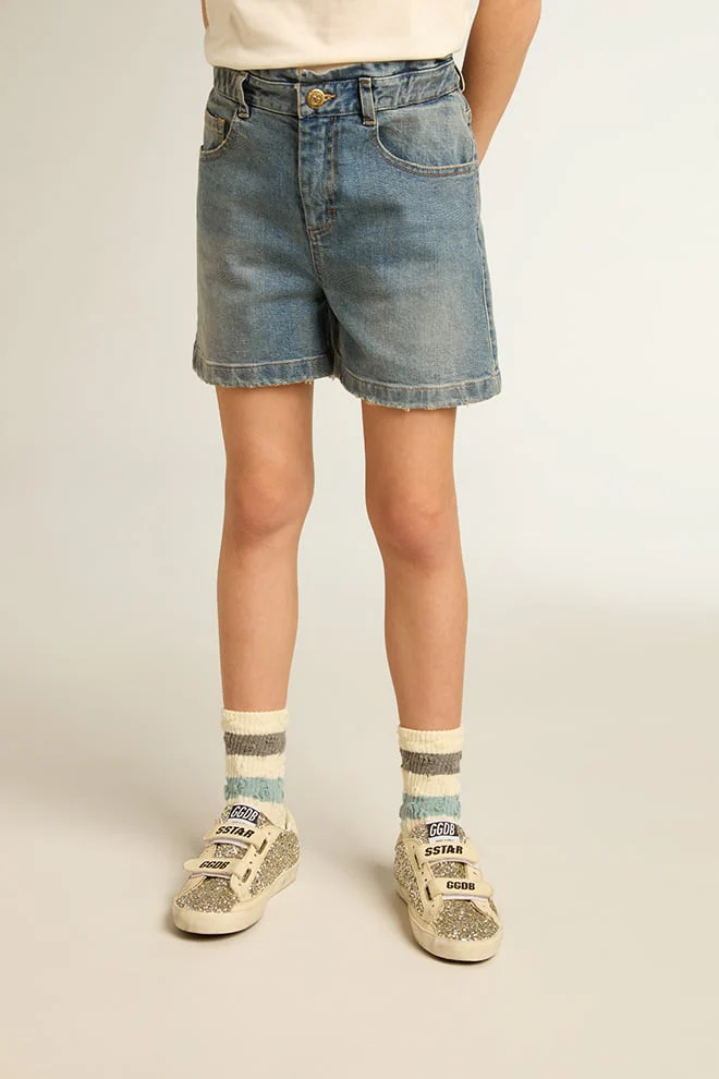 Kids | Denim Shorts with Distressed Finish | Medium Blue - Image 8