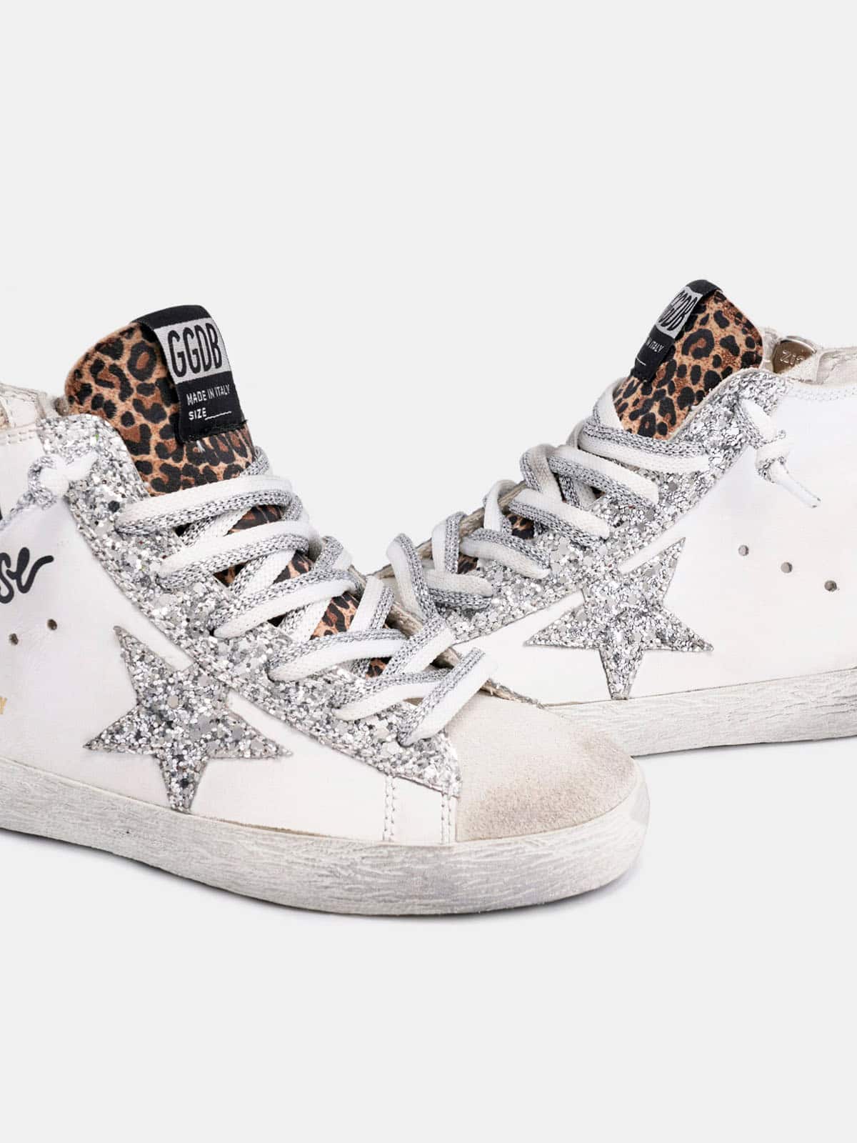 Kids | Francy Sneakers with Leopard-Print Insert & Two-Tone White & Silver Laces | White x Ice x Silver x Beige Brown Leo (V1) - Image 4