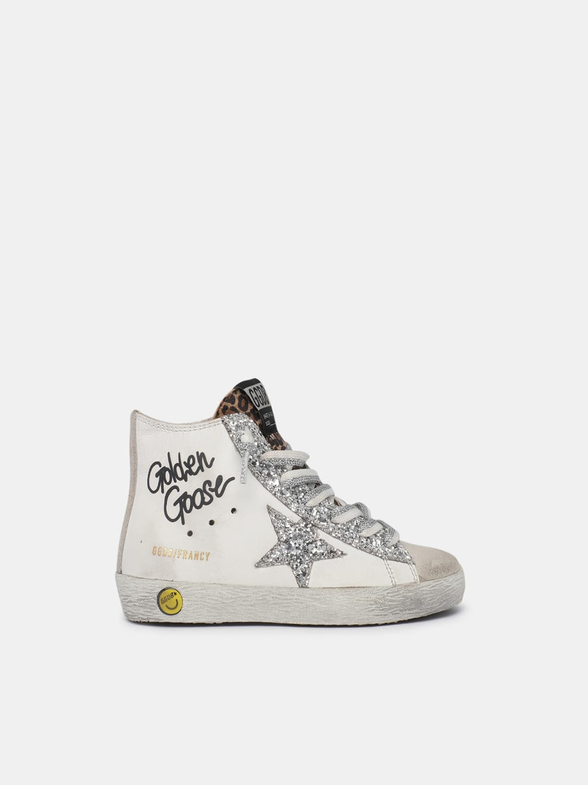 Kids | Francy Sneakers with Leopard-Print Insert & Two-Tone White & Silver Laces | White x Ice x Silver x Beige Brown Leo (V1) - Image 6