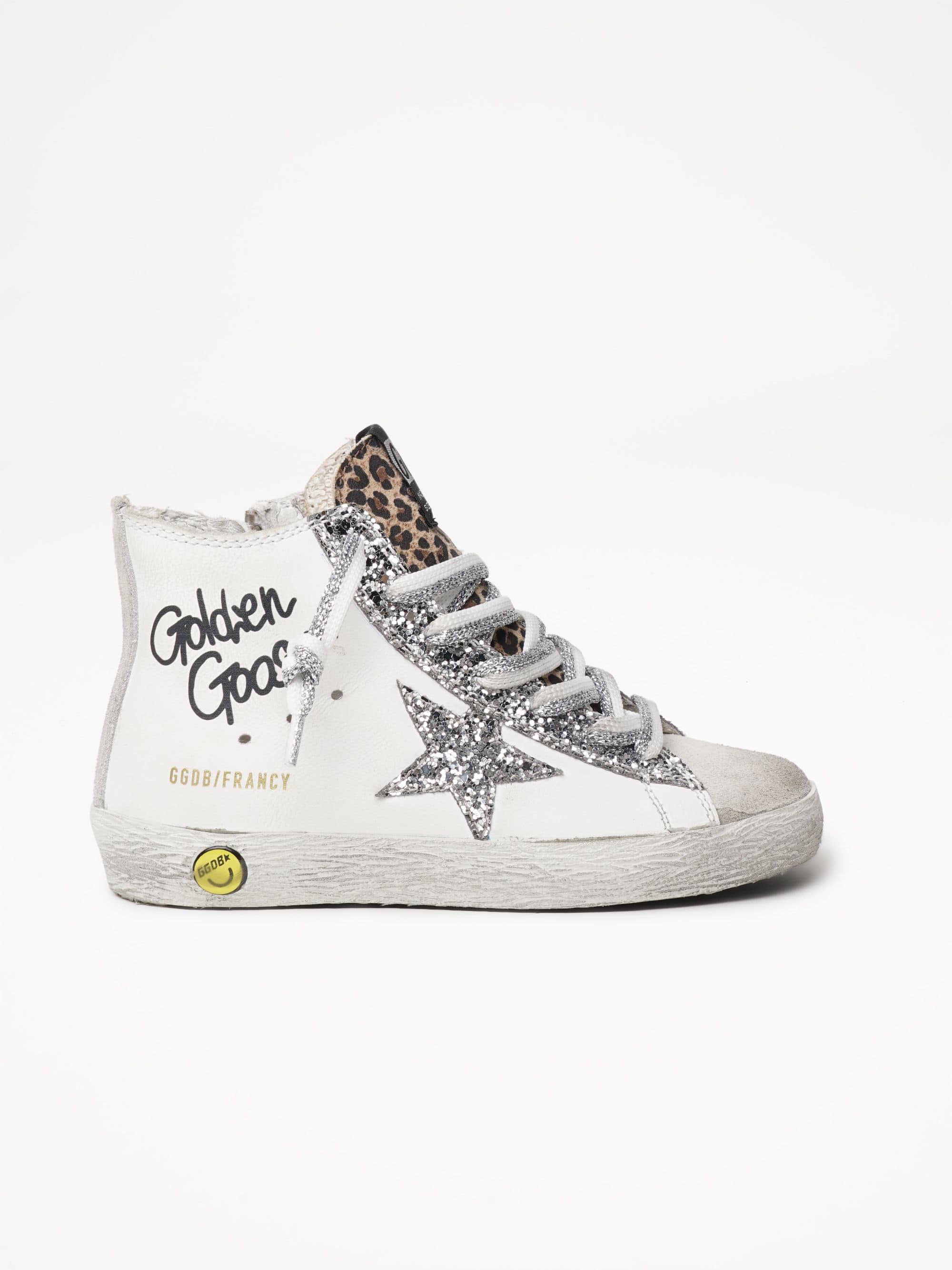 Kids | Francy Sneakers with Leopard-Print Insert & Two-Tone White & Silver Laces | White x Ice x Silver x Beige Brown Leo (V2) - Image 4