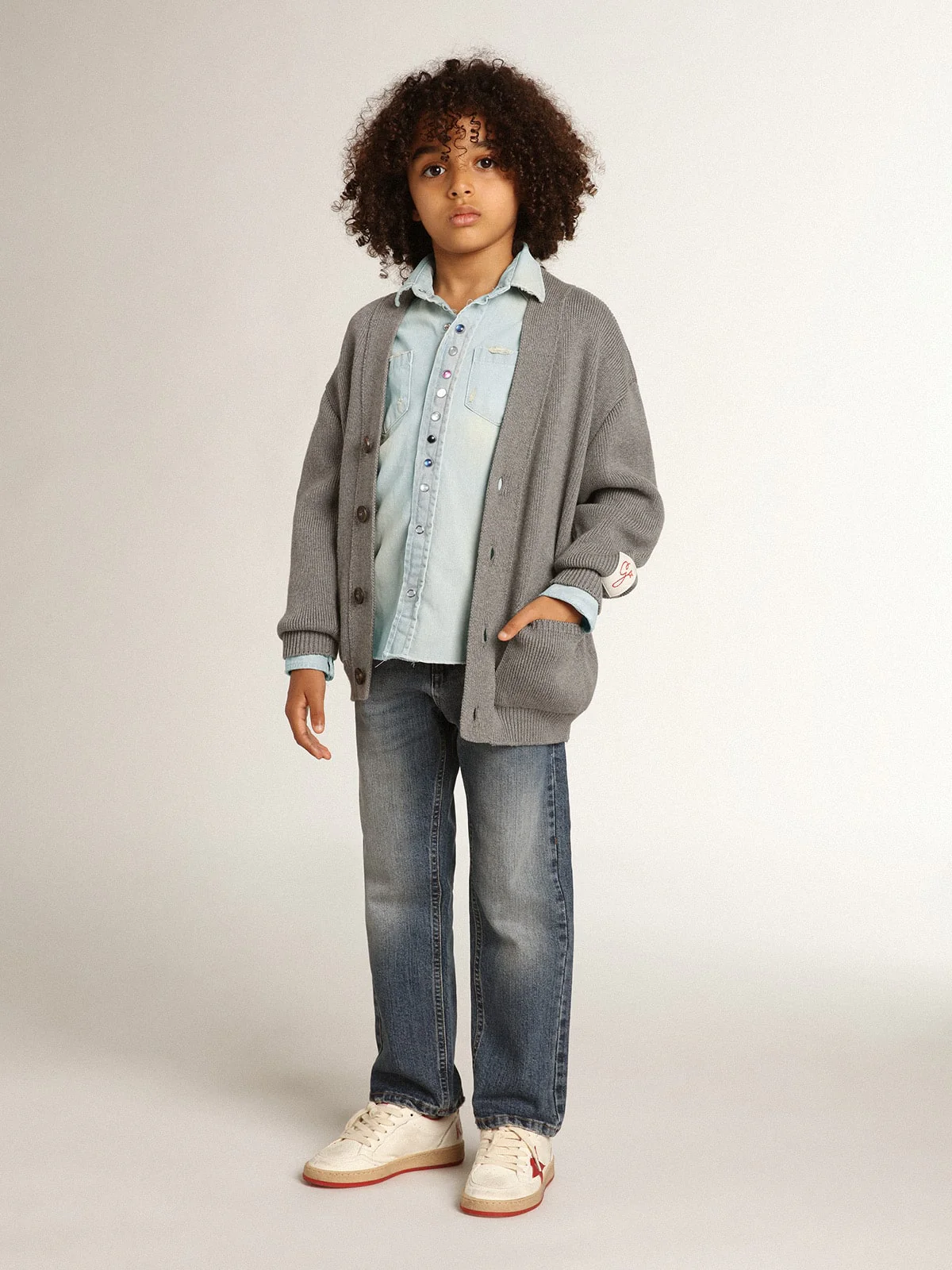 Kids | Gray Cotton Cardigan with Logo On The Back | Grigio - Image 10