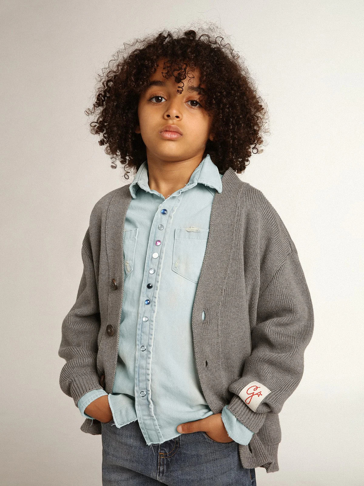 Kids | Gray Cotton Cardigan with Logo On The Back | Grigio - Image 4