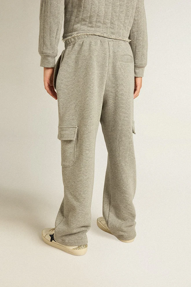Kids | Gray Melange Cotton Cargo Joggers with Embroidery | Grey Melange x Red - Image 13