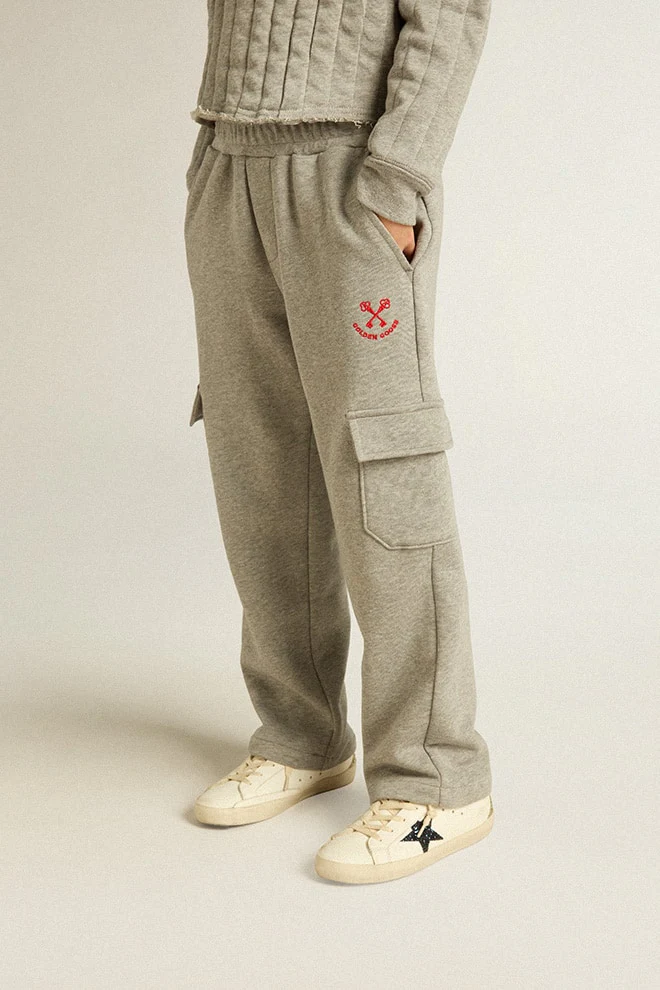 Kids | Gray Melange Cotton Cargo Joggers with Embroidery | Grey Melange x Red - Image 15