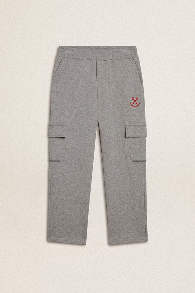 Kids | Gray Melange Cotton Cargo Joggers with Embroidery | Grey Melange x Red - Image 19