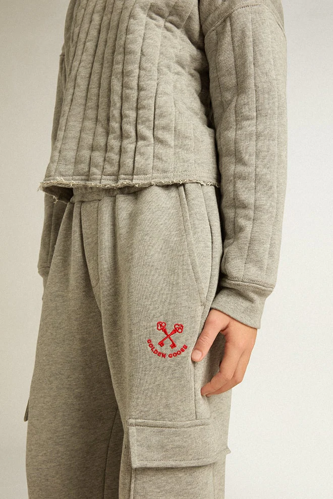 Kids | Gray Melange Cotton Cargo Joggers with Embroidery | Grey Melange x Red - Image 2