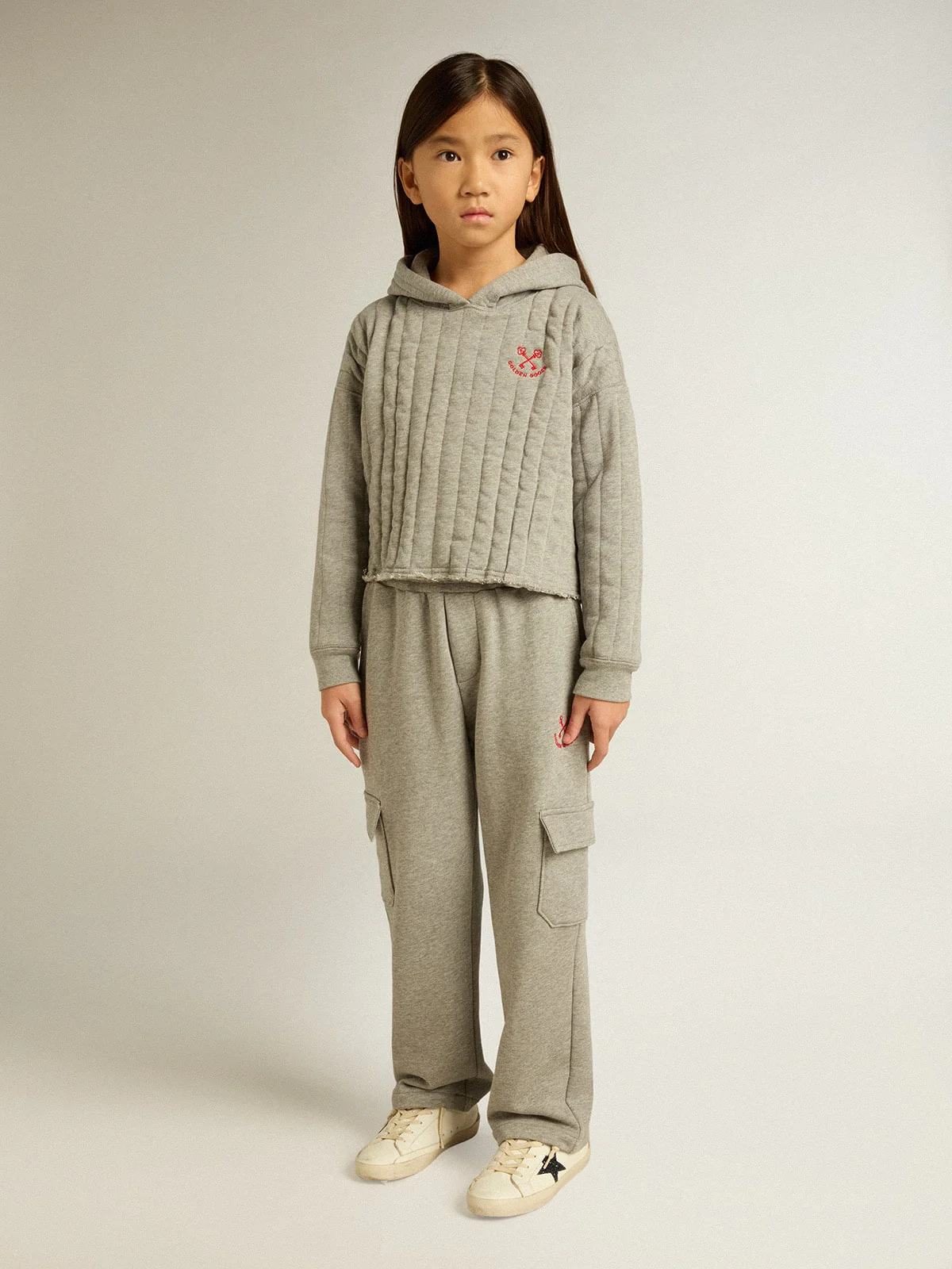 Kids | Gray Melange Cotton Cargo Joggers with Embroidery | Grey Melange x Red - Image 7