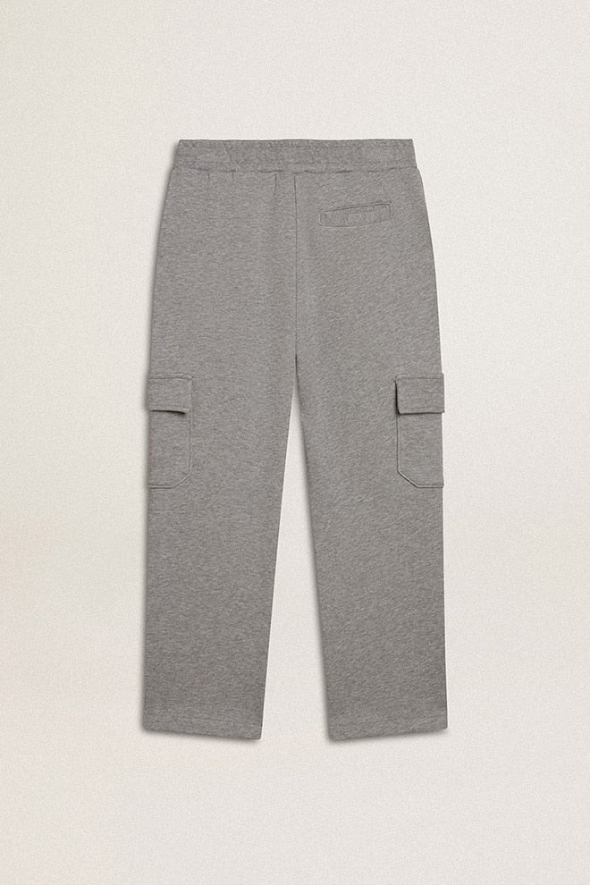 Kids | Gray Melange Cotton Cargo Joggers with Embroidery | Grey Melange x Red - Image 9
