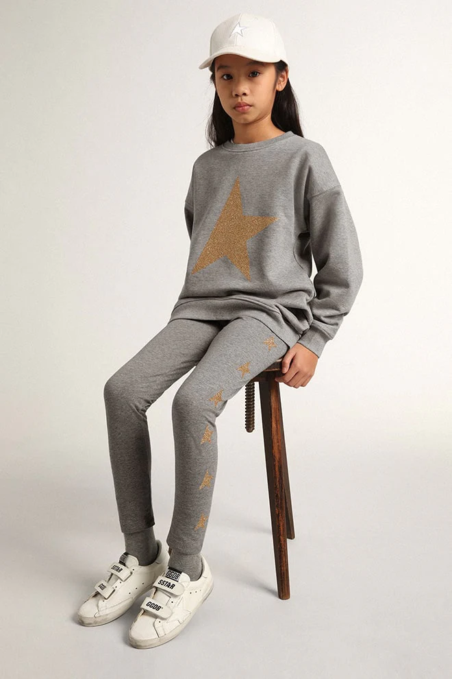 Kids | Grey Star Collection Sweatpants with Gold Glitter Stars On Both Sides | Grey Melange x Gold - Image 3