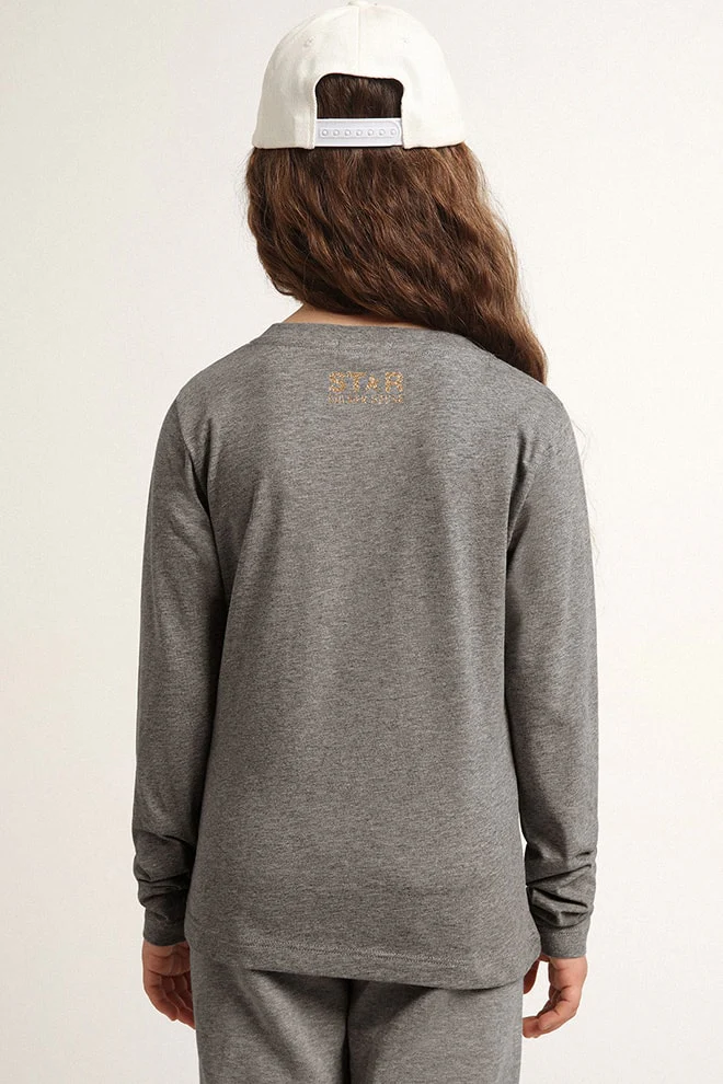Kids | Grey Star Collection T-Shirt with Large Gold Glitter Star On The Front | Grey Melange x Gold - Image 2