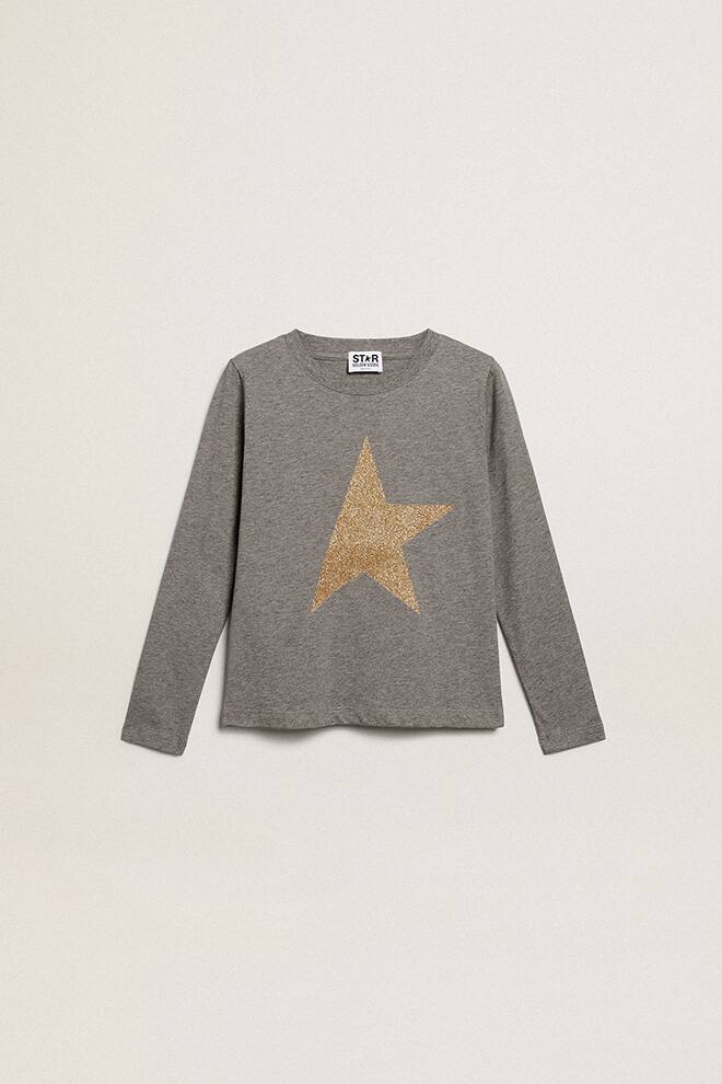 Kids | Grey Star Collection T-Shirt with Large Gold Glitter Star On The Front | Grey Melange x Gold - Image 4