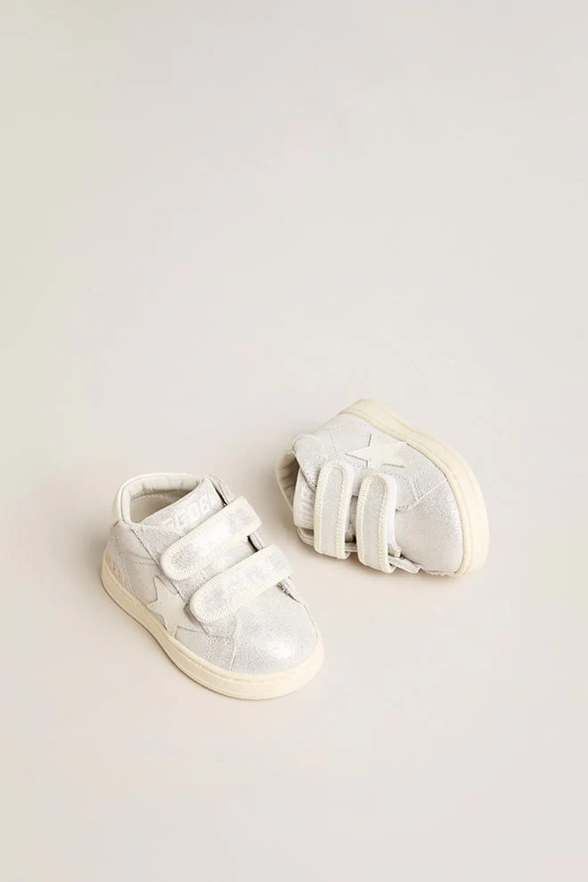 Kids | June Junior Suede with White Leather Star & Heel Tab | Silver x White - Image 2